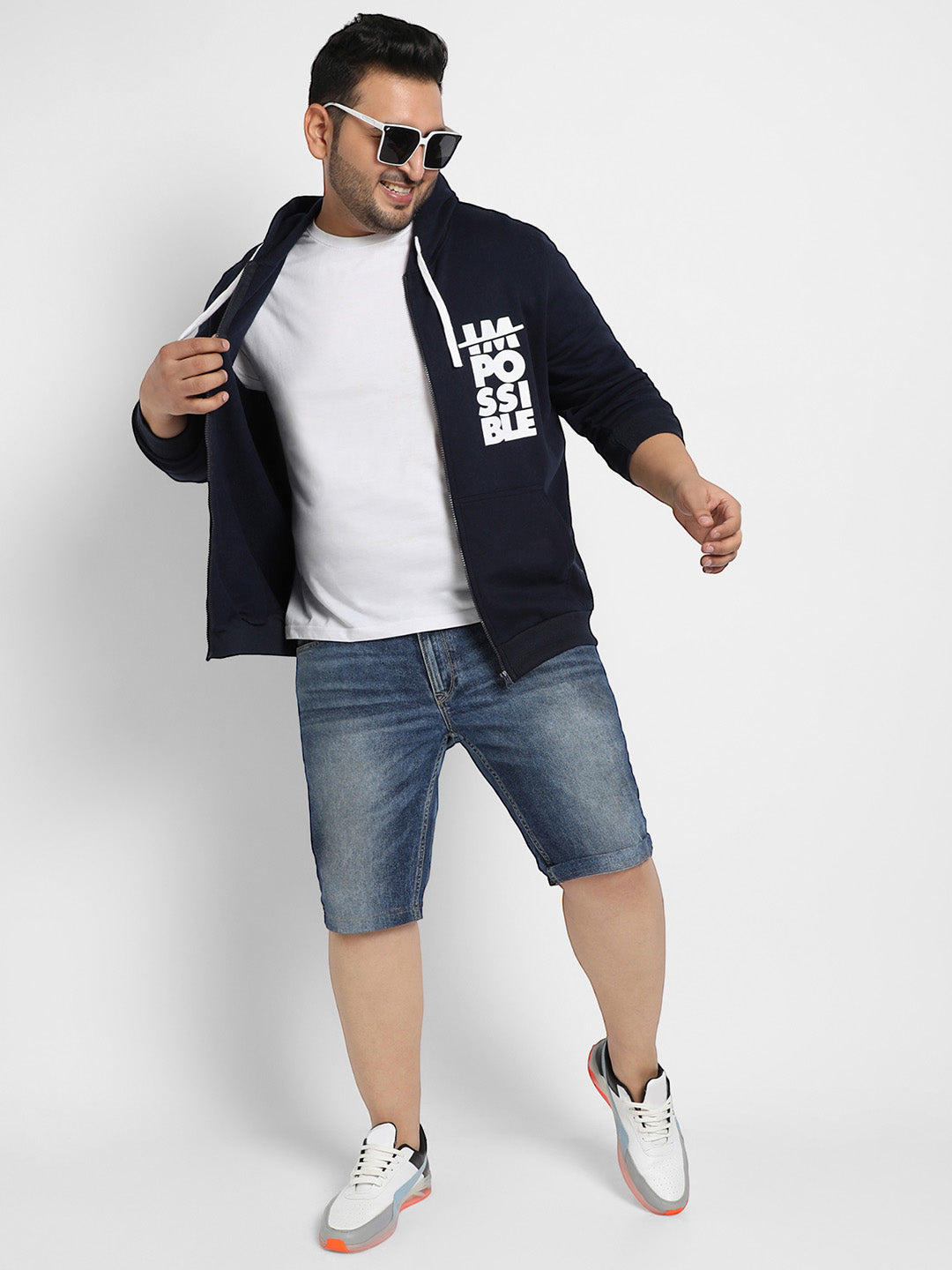 Navy Blue Zip-Front Impossible Hoodie With Contrast Drawstring