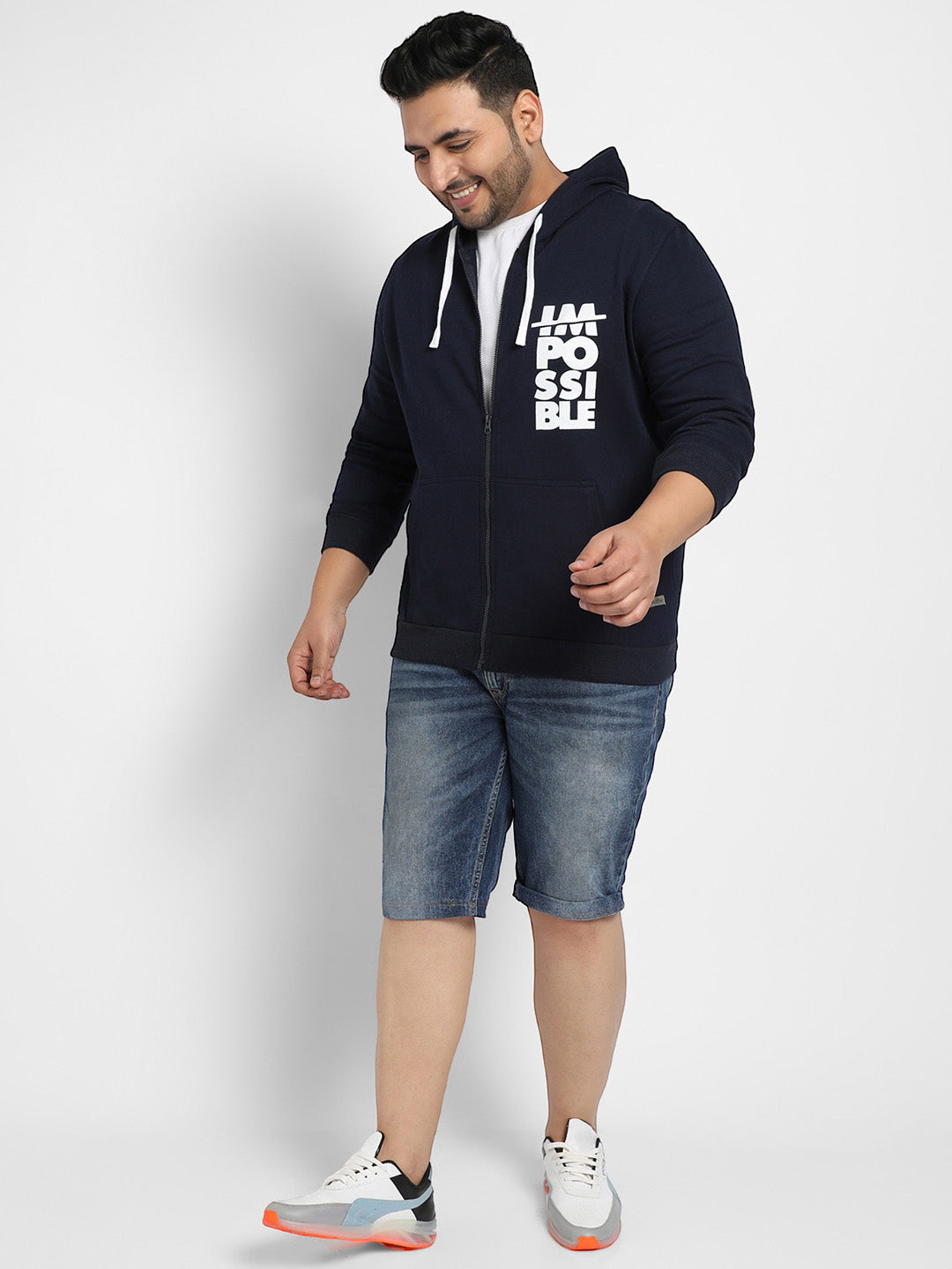 Navy Blue Zip-Front Impossible Hoodie With Contrast Drawstring