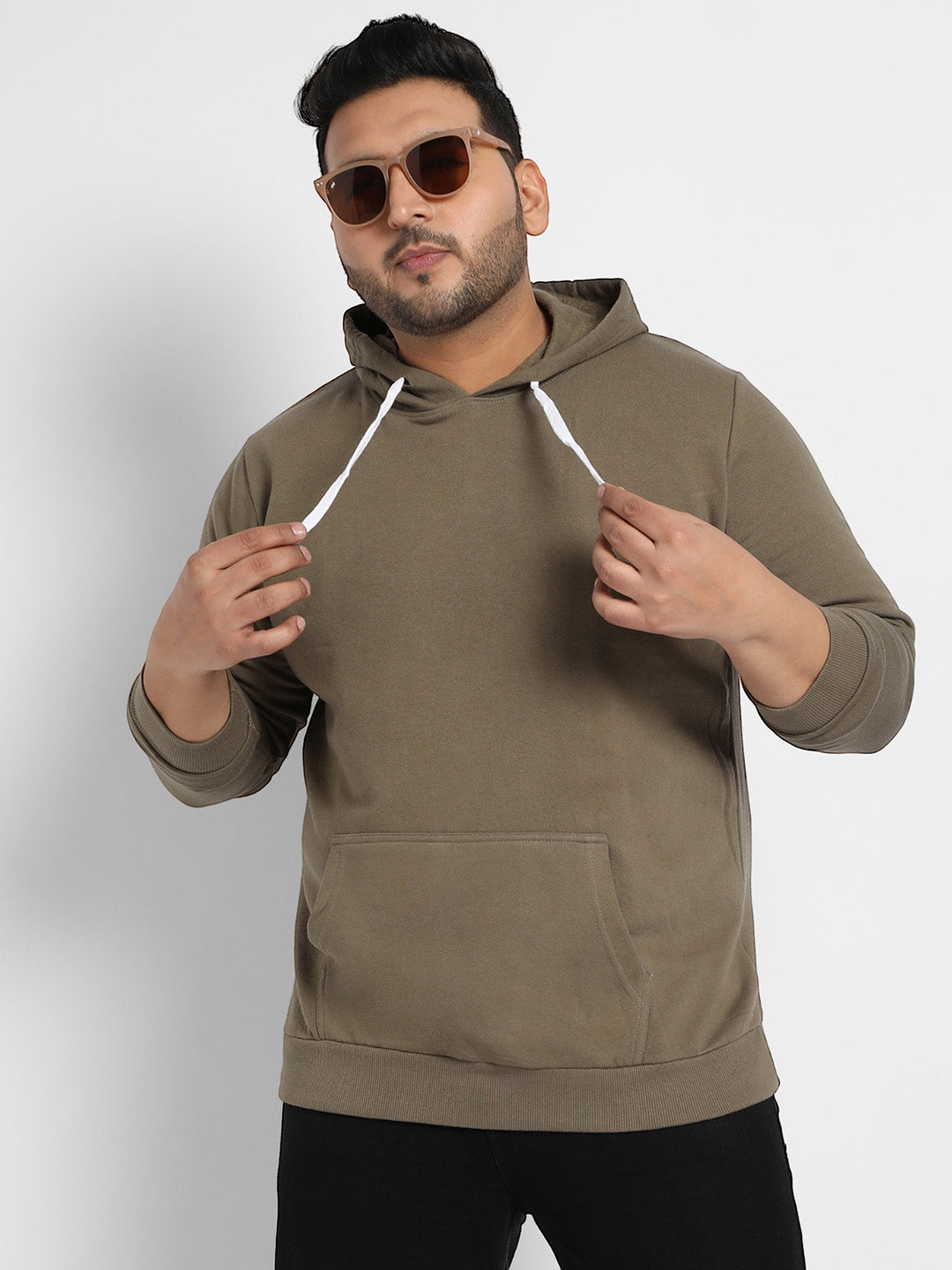 Olive Green Basic Hoodie With Kangaroo Pocket