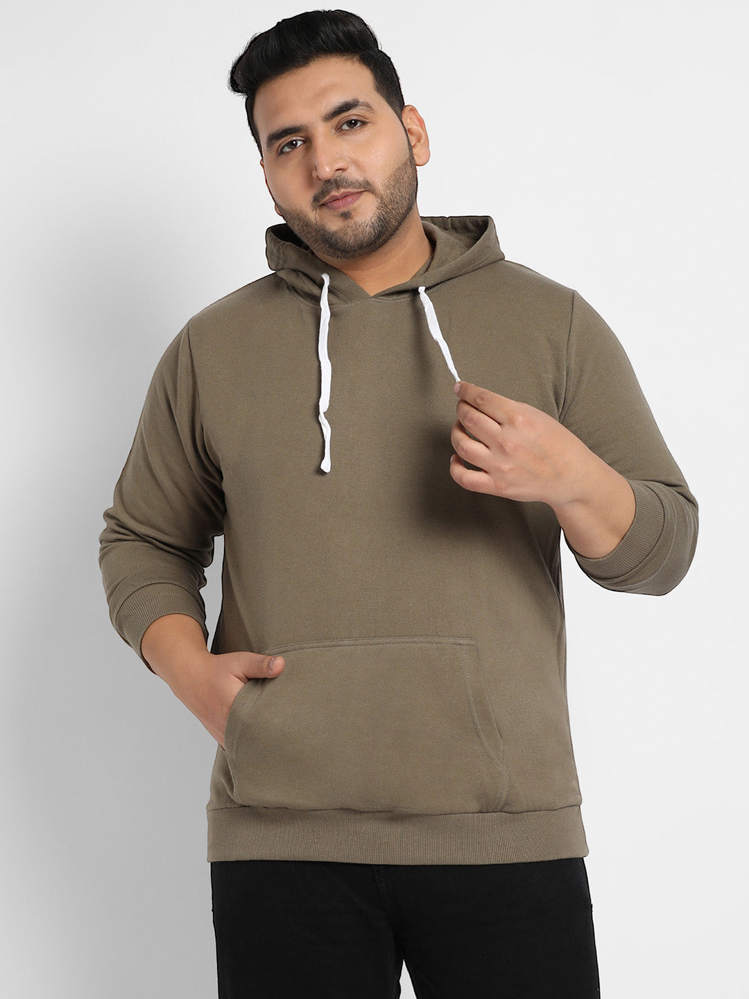 Olive Green Basic Hoodie With Kangaroo Pocket