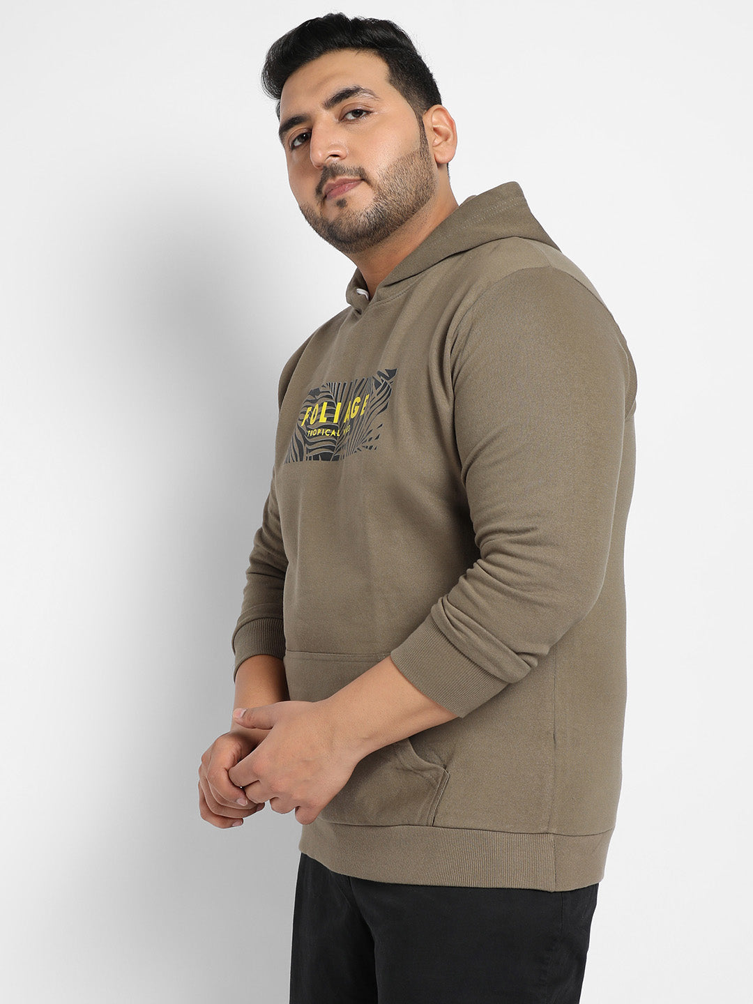 Olive Green Foliage Hoodie With Kangaroo Pocket