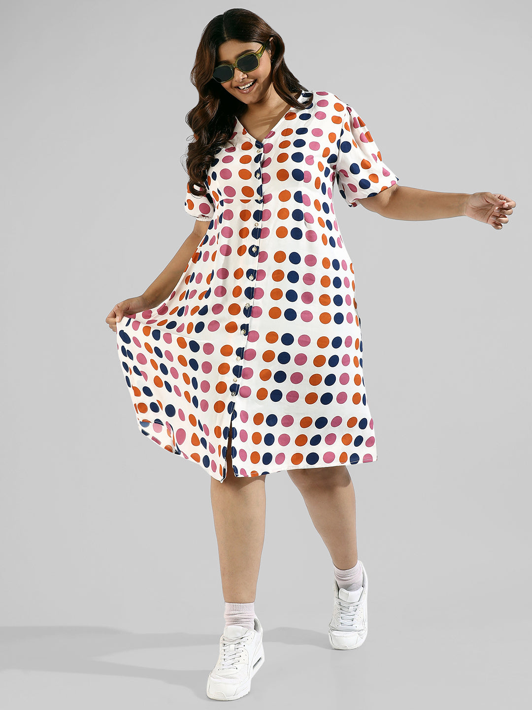 Polka Dot'S Design, Button Stylish Casual Dresses