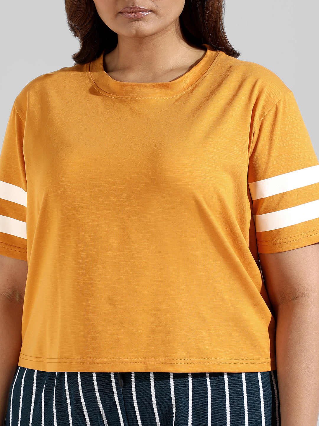 Instafab Plus Women Solid Stylish Shorts Sleeve Round Neck Top