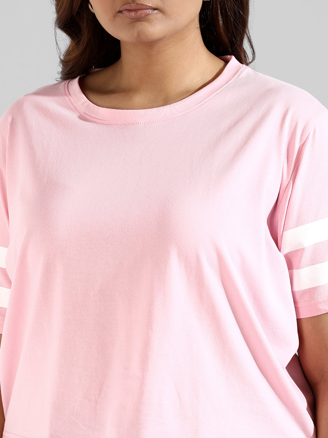 Instafab Plus Women Solid Stylish Shorts Sleeve Round Neck Top