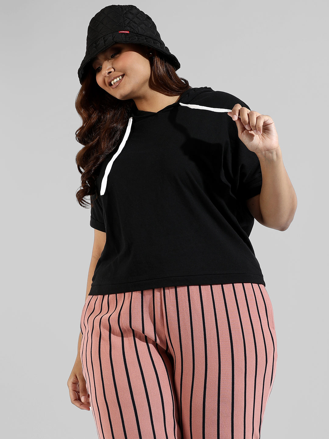 Solid Stylish Half Sleeve Hooded Neck Top