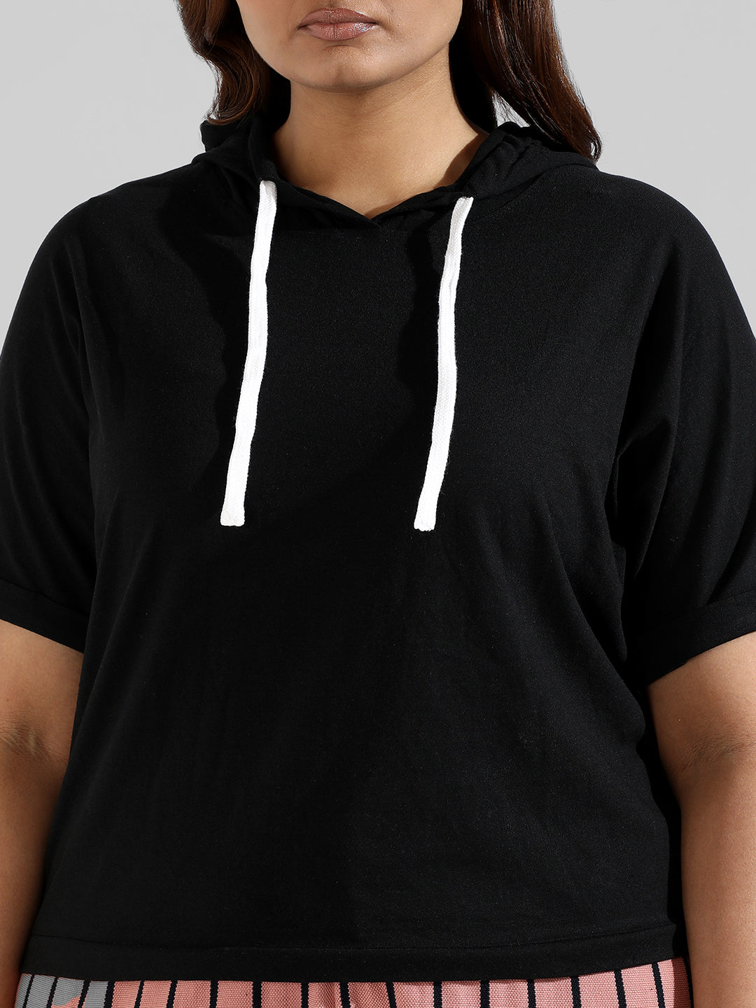 Instafab Plus Women Solid Stylish Half Sleeve Hooded Neck Top