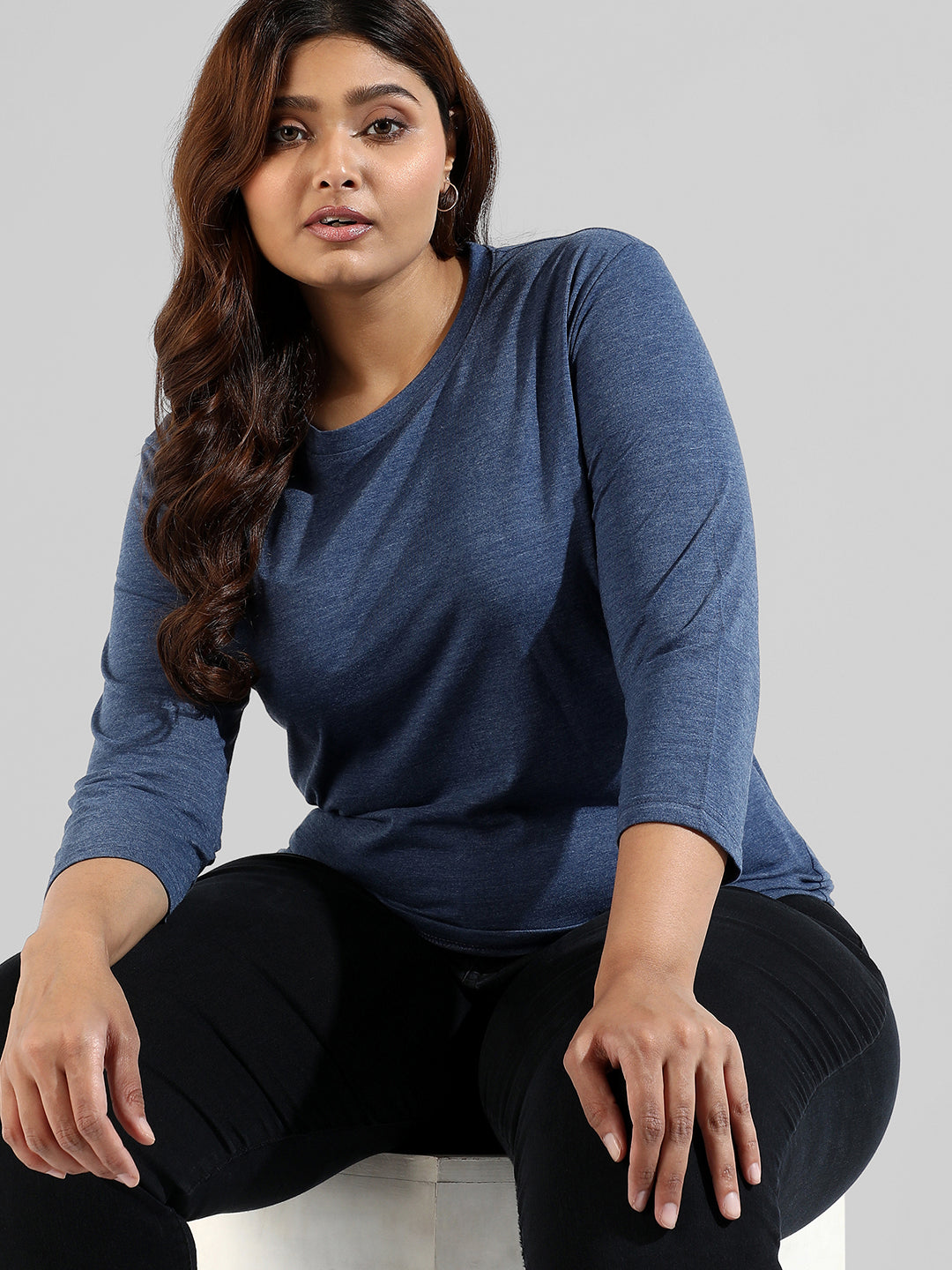 Solid Stylish Quarter Sleeve Round Neck Top