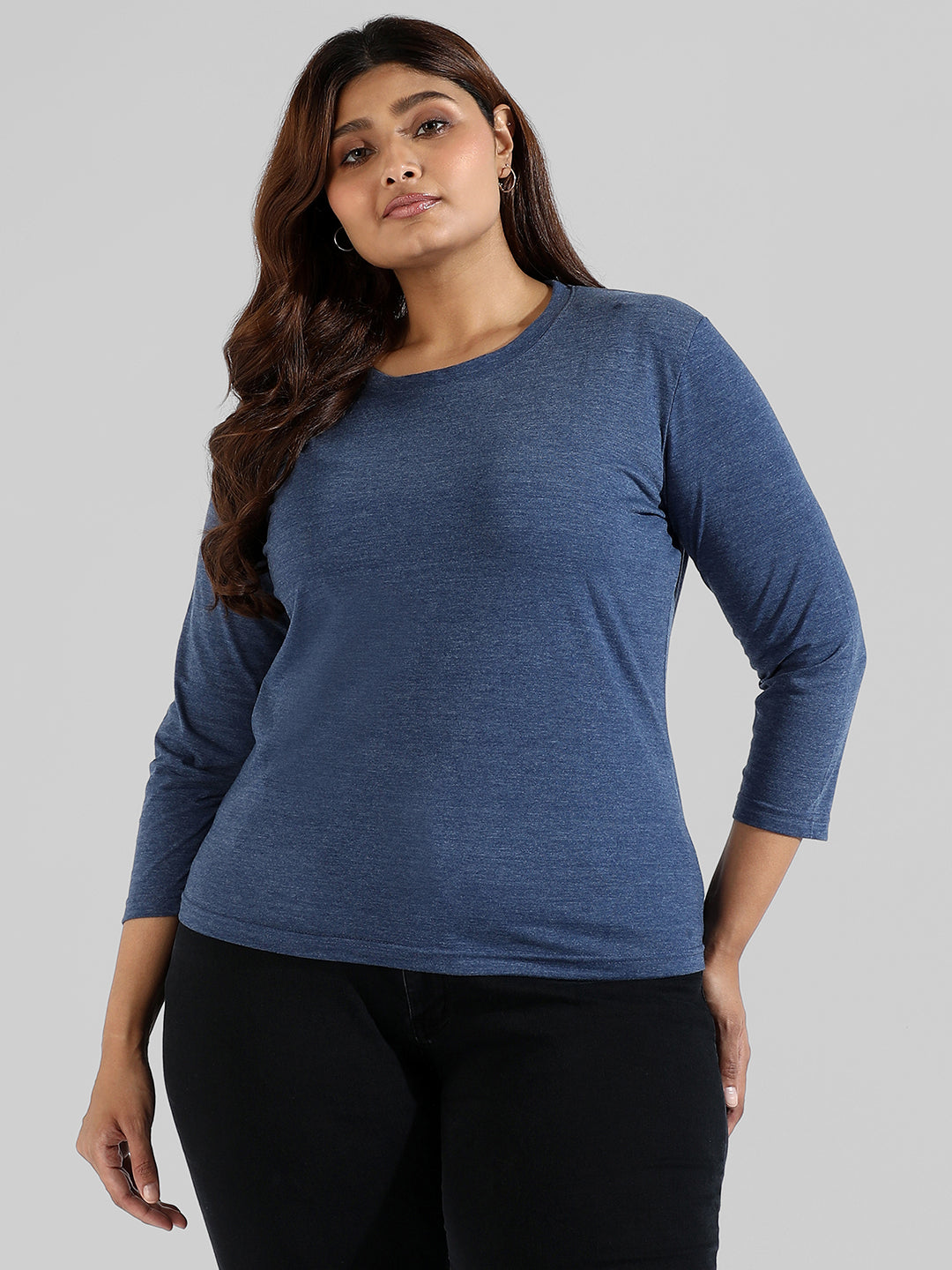 Solid Stylish Quarter Sleeve Round Neck Top