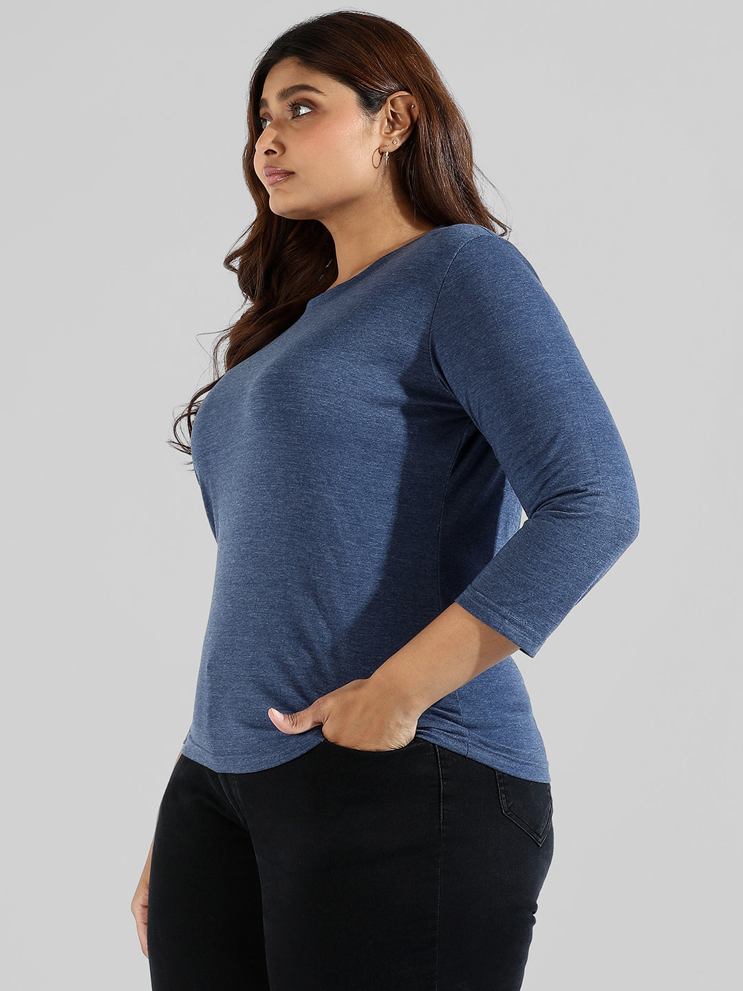 Solid Stylish Quarter Sleeve Round Neck Top