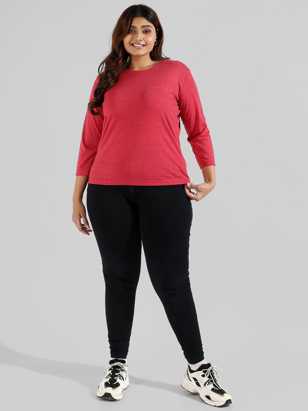 Solid Stylish Quarter Sleeve Round Neck Top