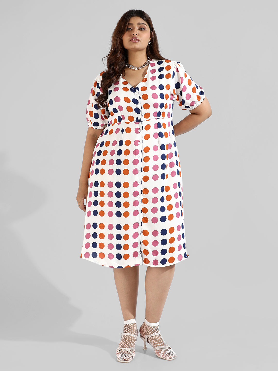 Polka Dot'S Design, Button Stylish Casual Dresses