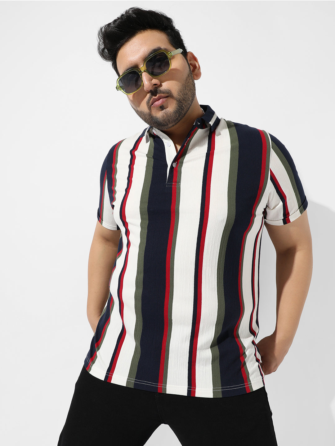 Multicolour Striped Polo Neck T-Shirt
