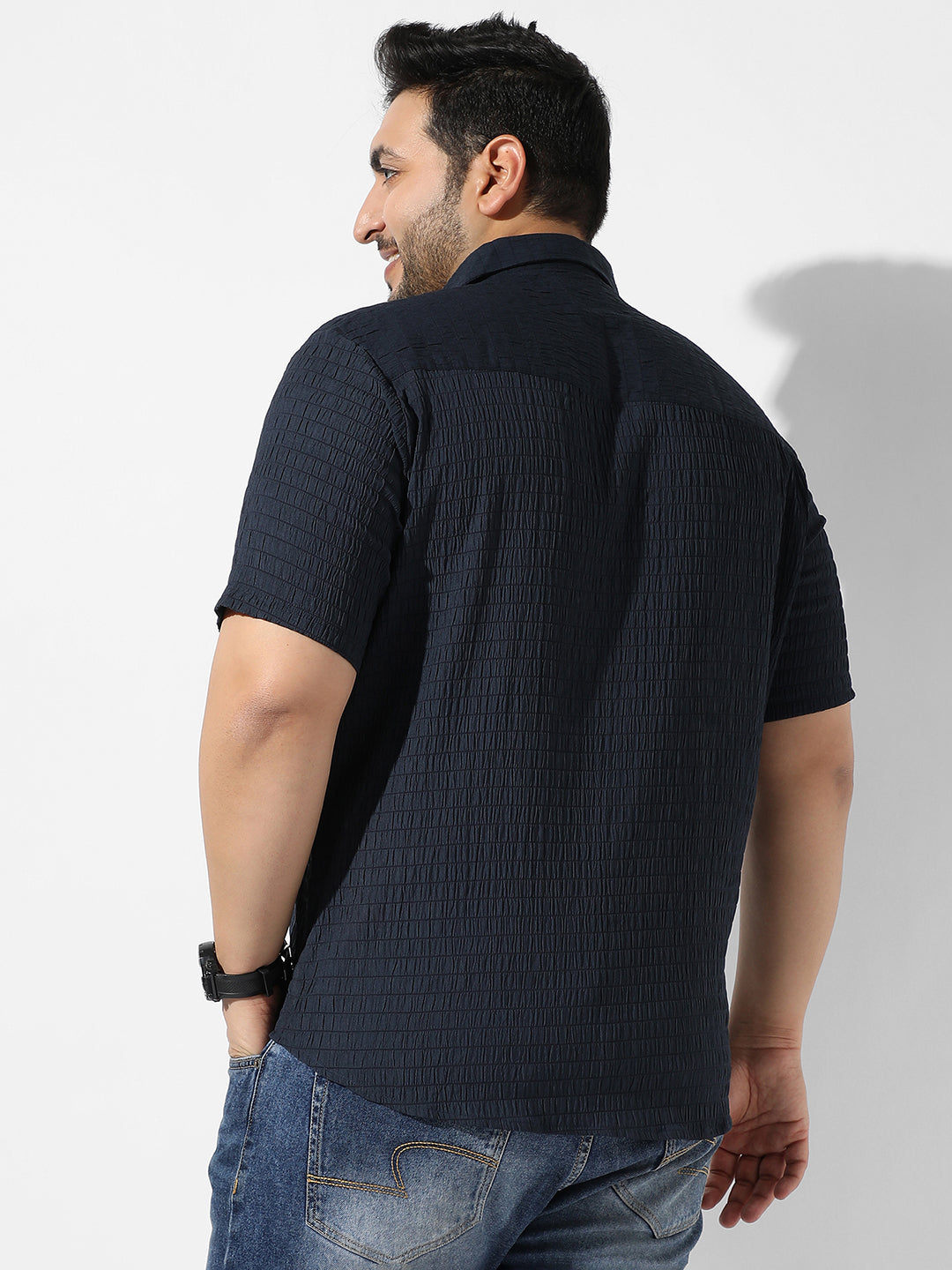 Navy Blue Textured Casual Shirt