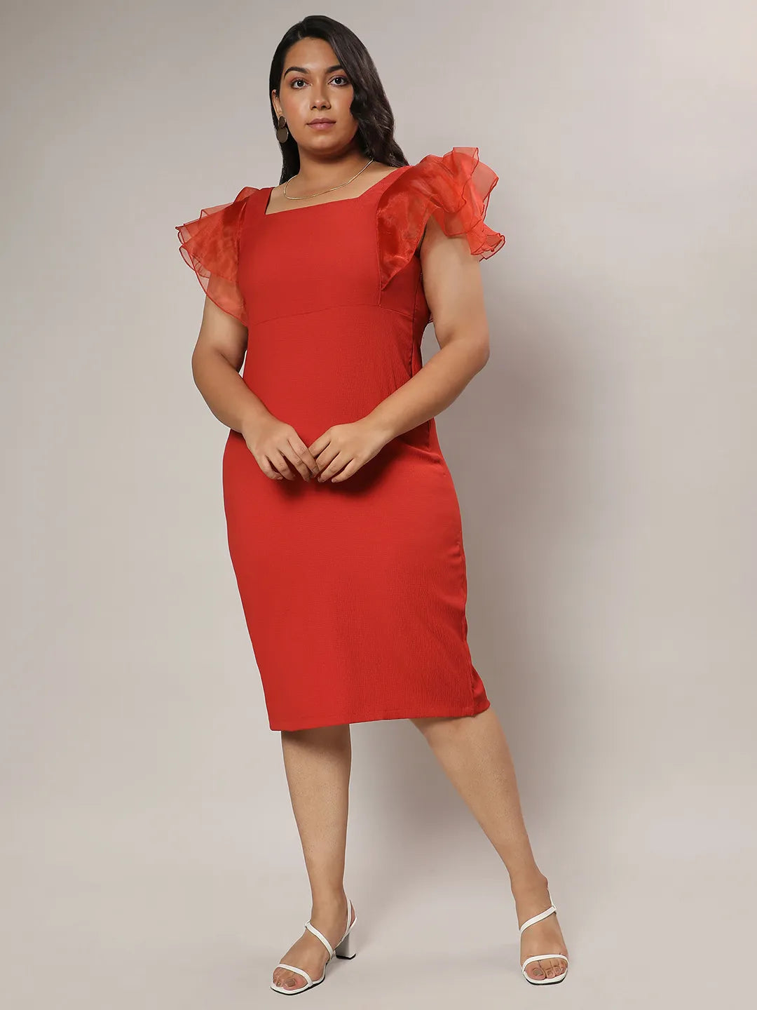 Crimson Red Bodycon Dress With Sheer Detail