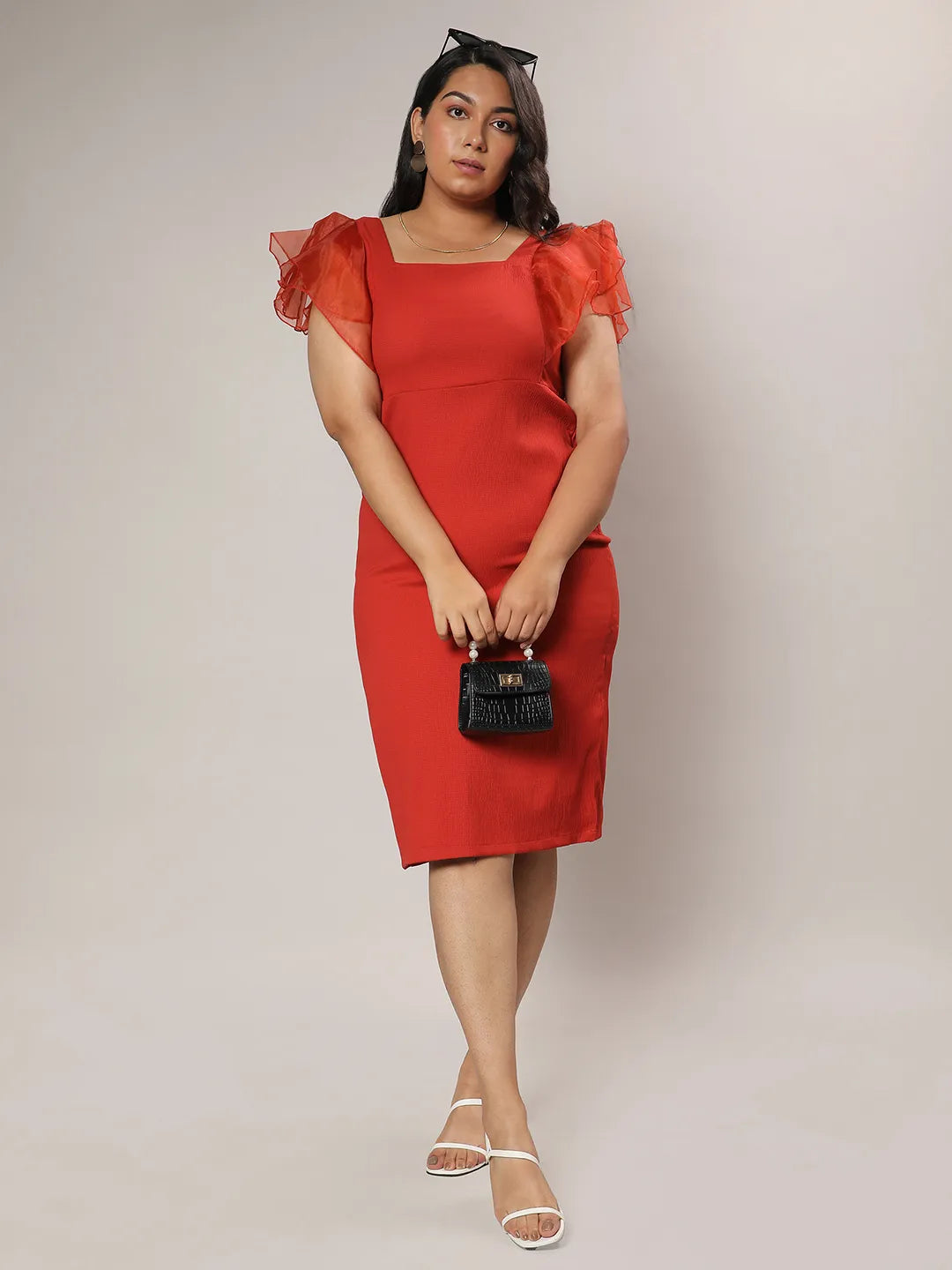 Crimson Red Bodycon Dress With Sheer Detail