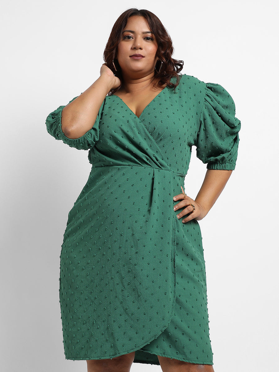Plus Size Forest Green Self-Design Petal Dress (3XL - 6XL