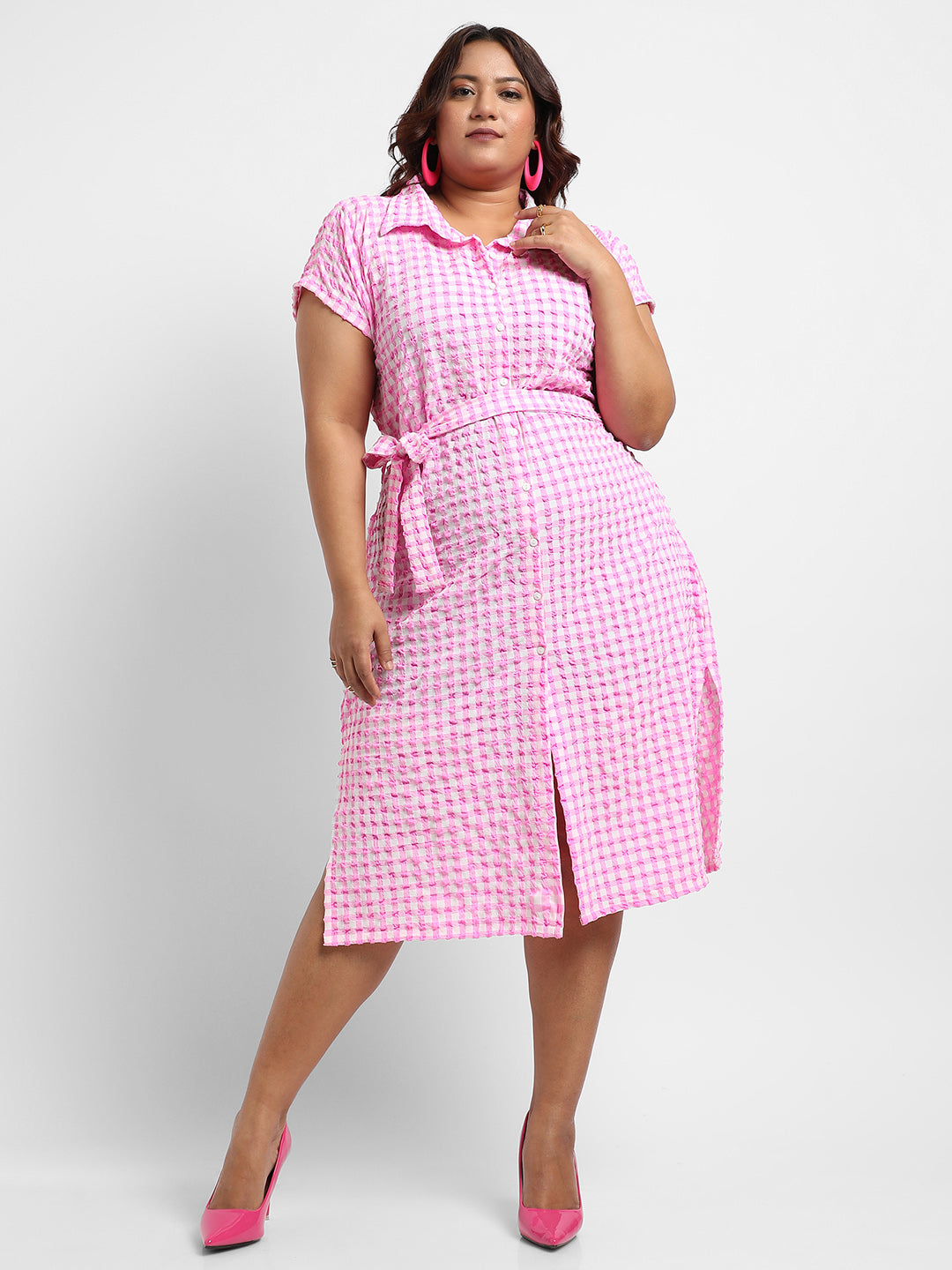 Pink Button-Front Gingham Dress