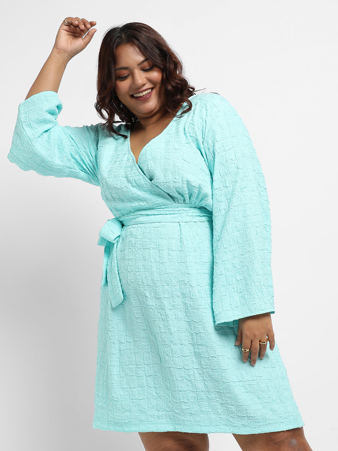 Light Blue Tie-Up Wrap Neck Dress