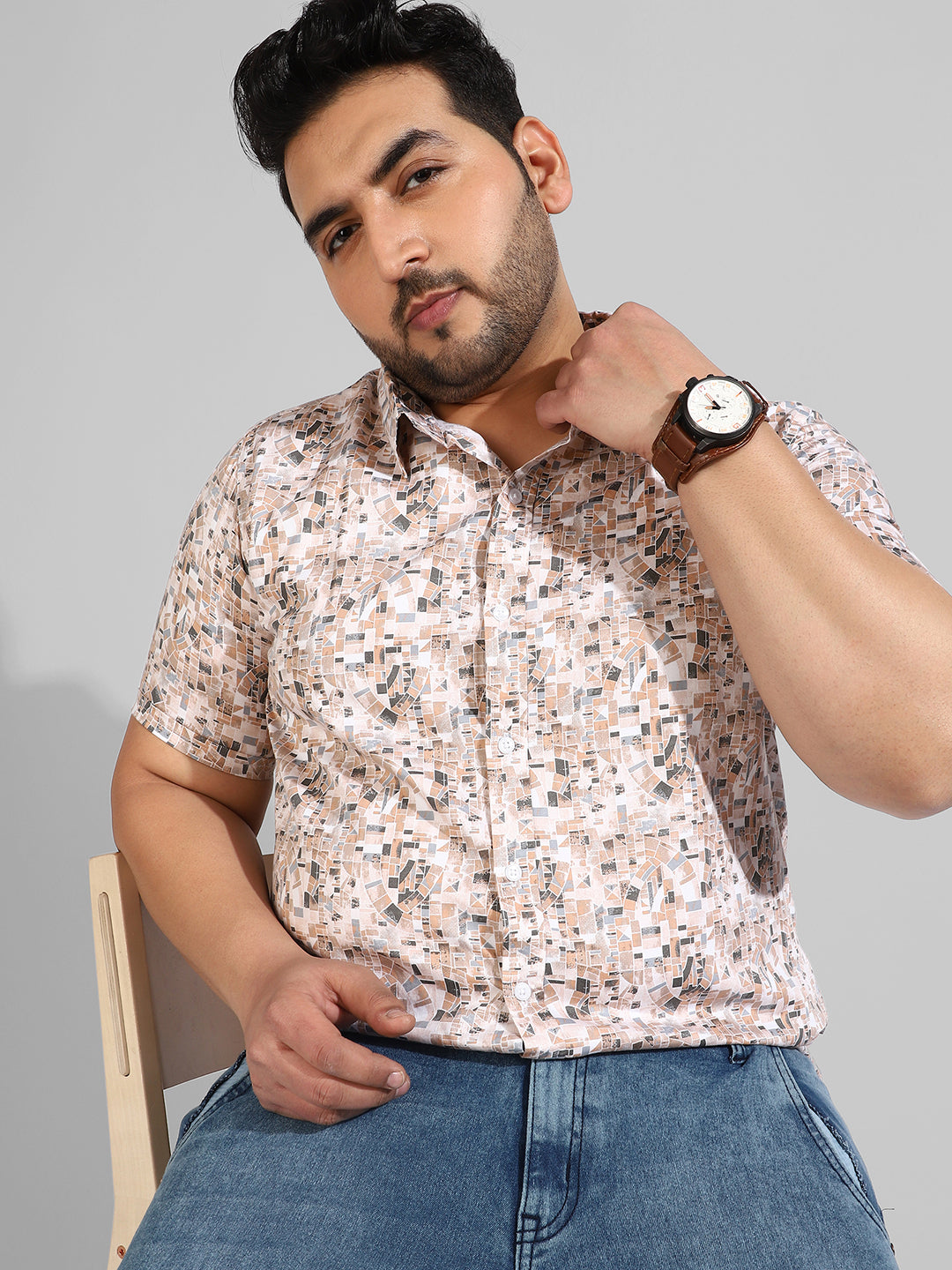 Beige Printed Regular Fit Casual Shirt