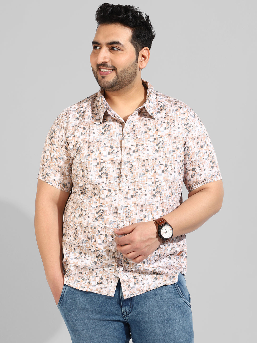Beige Printed Regular Fit Casual Shirt