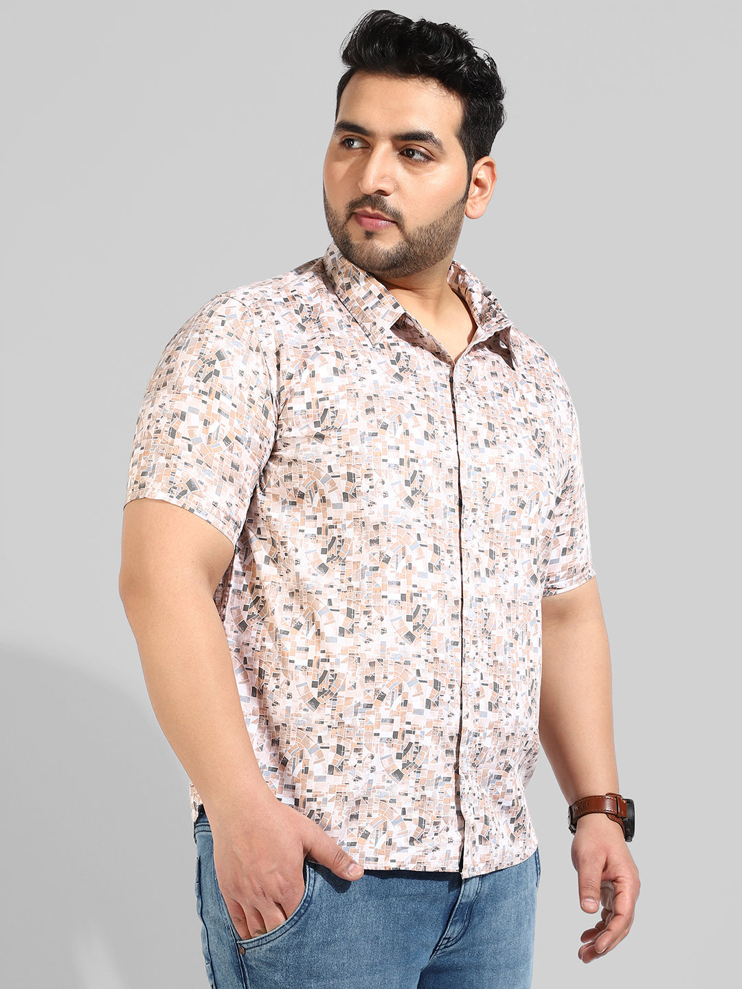 Beige Printed Regular Fit Casual Shirt