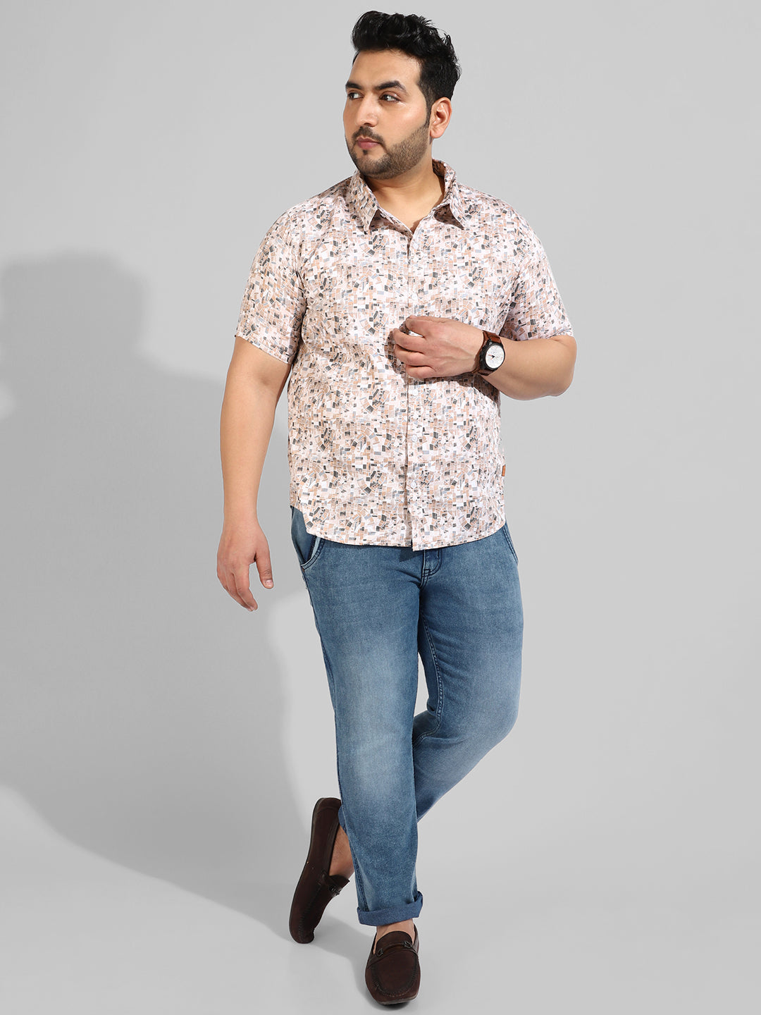 Beige Printed Regular Fit Casual Shirt
