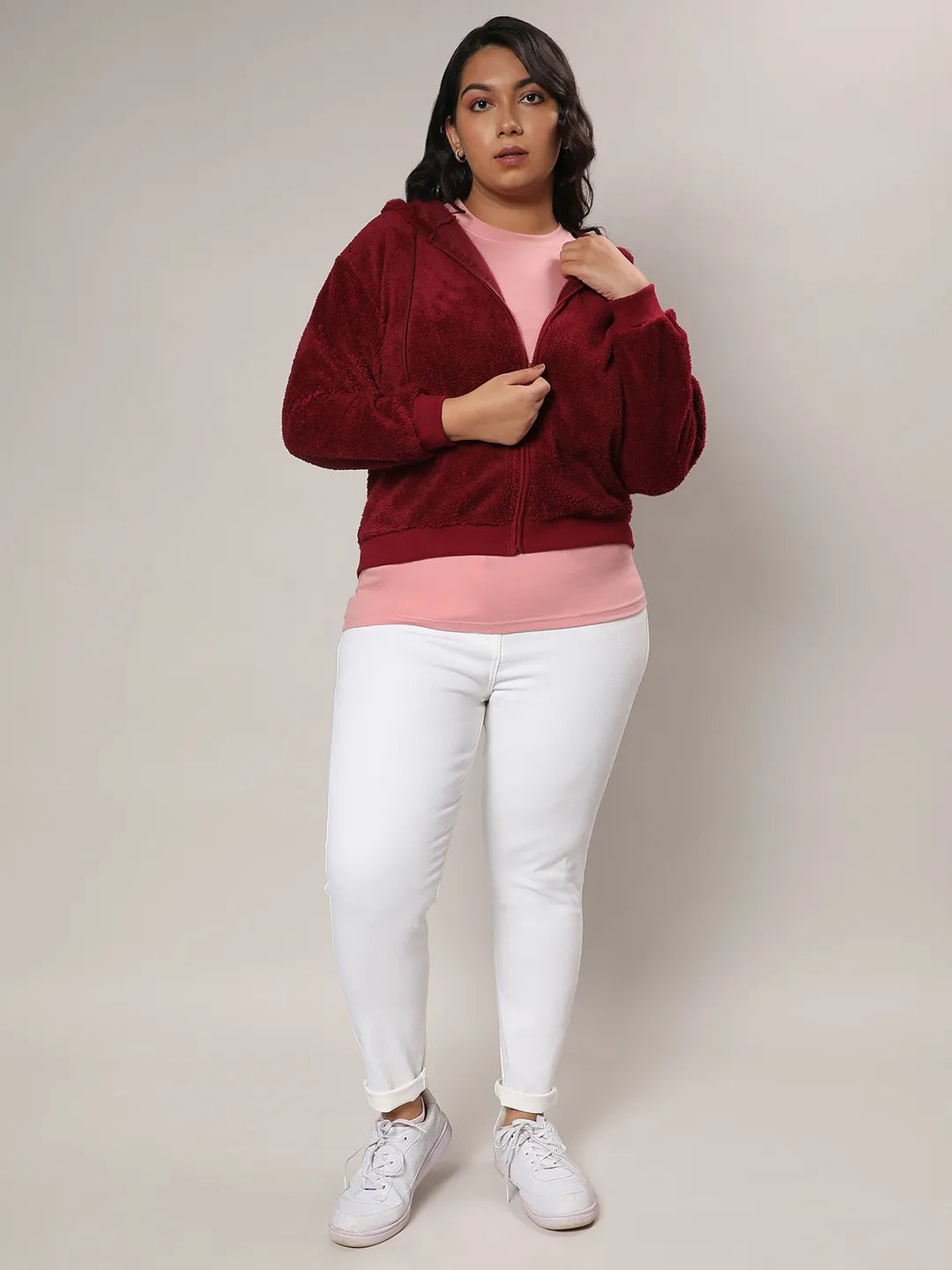 Carmine Red Zip-Front Fleece Hoodie