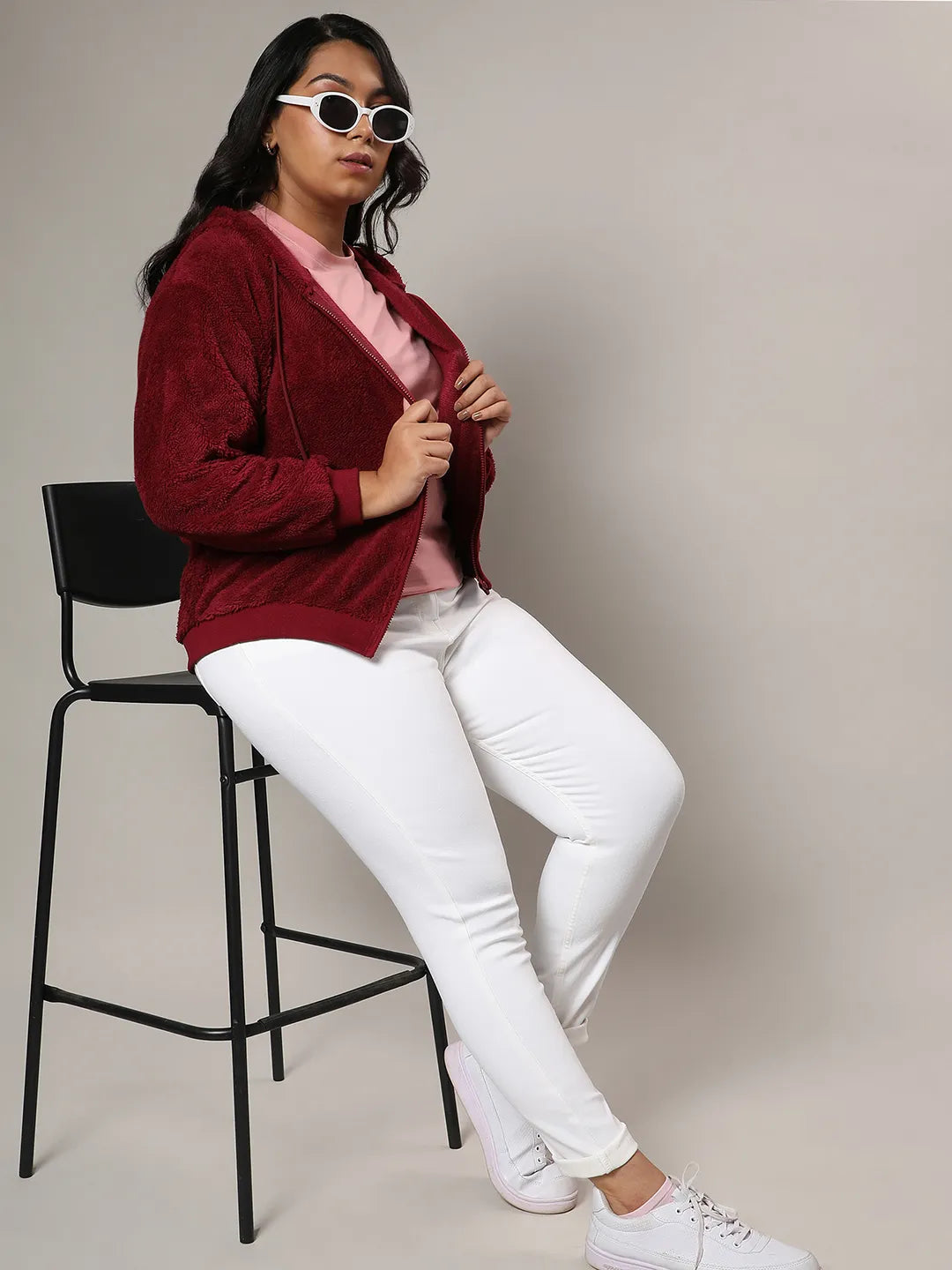 Carmine Red Zip-Front Fleece Hoodie