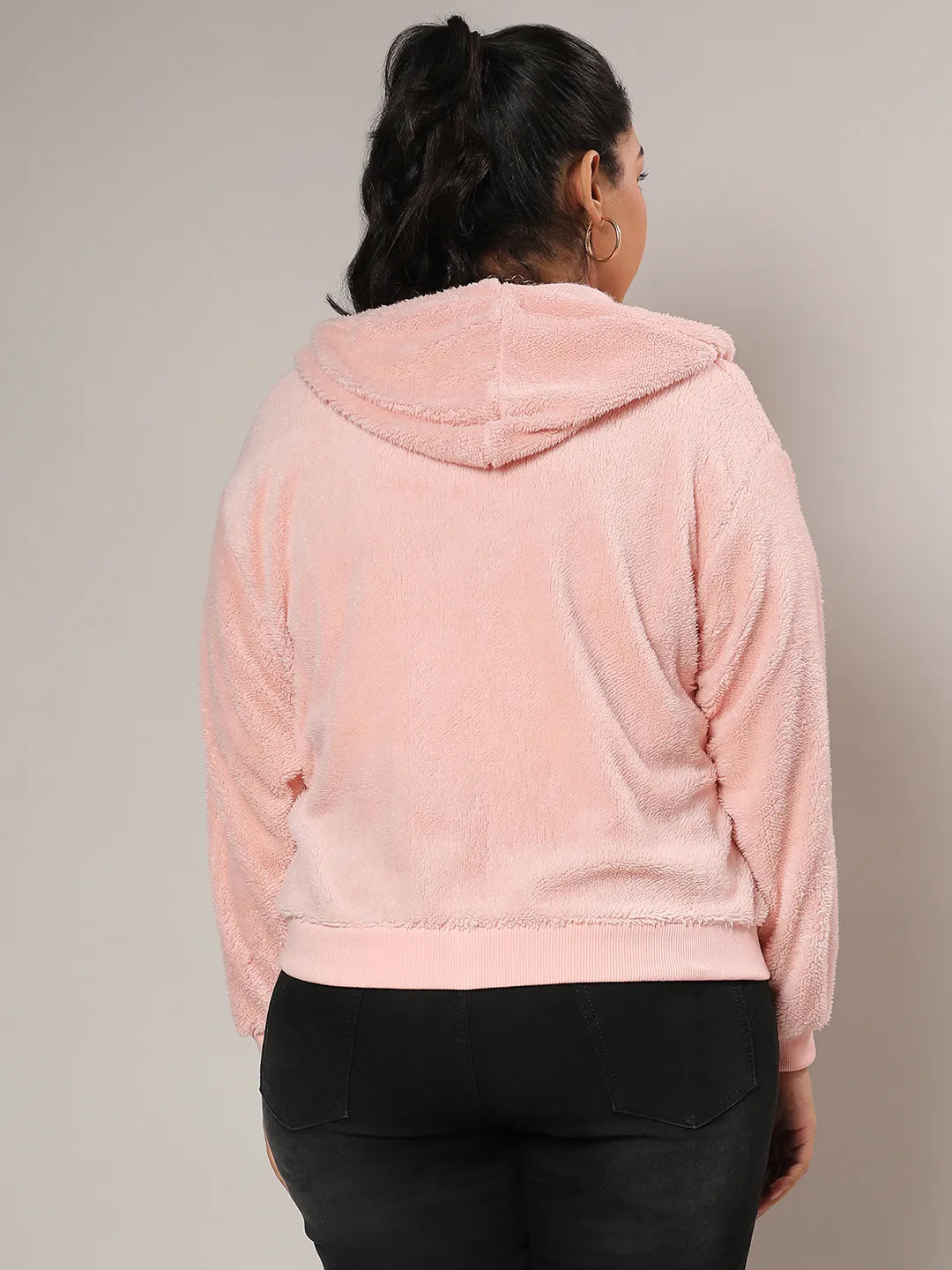 Baby Pink Furry Hoodie With Ribbed Hem