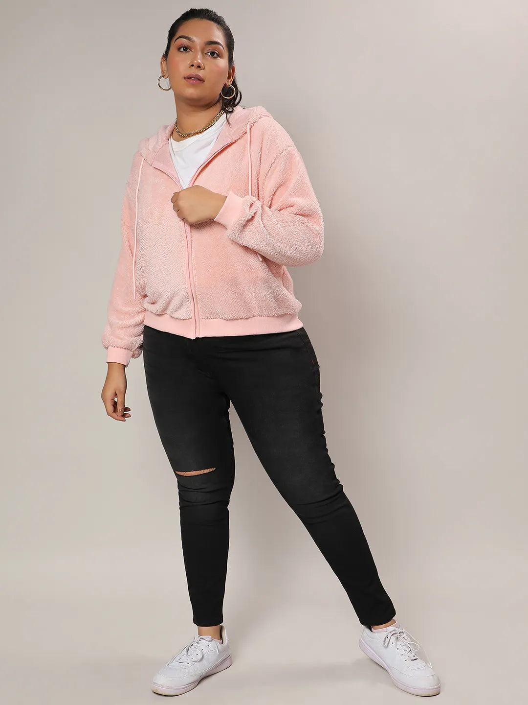 Baby Pink Furry Hoodie With Ribbed Hem