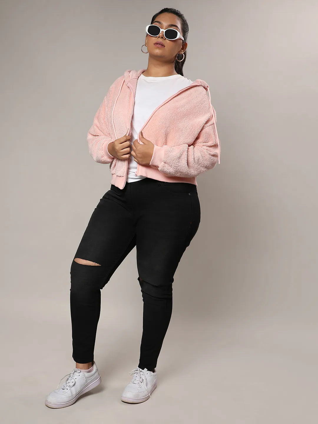 Baby Pink Furry Hoodie With Ribbed Hem