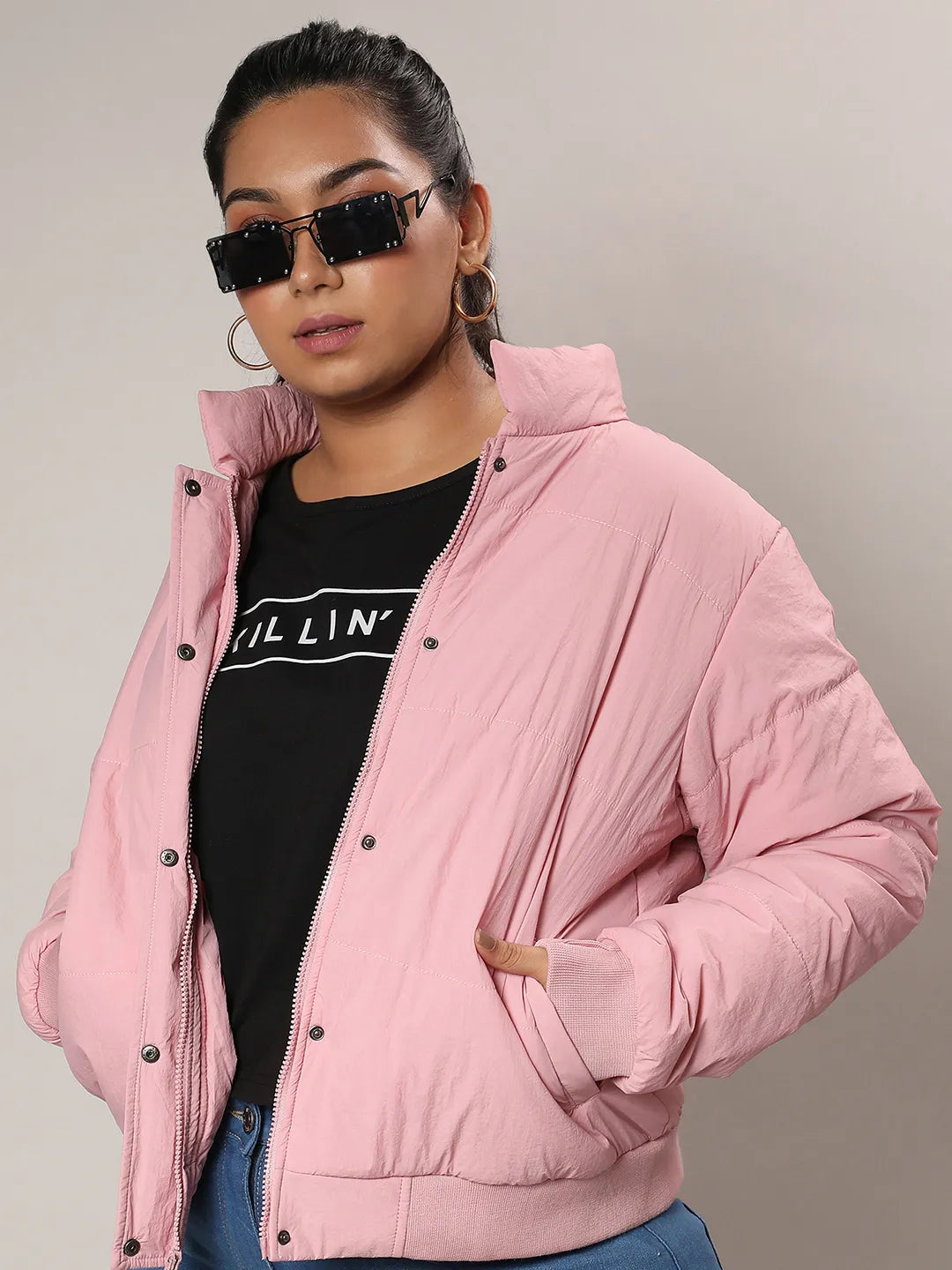 Blush Pink Puffer Jacket With Angled Open Pockets
