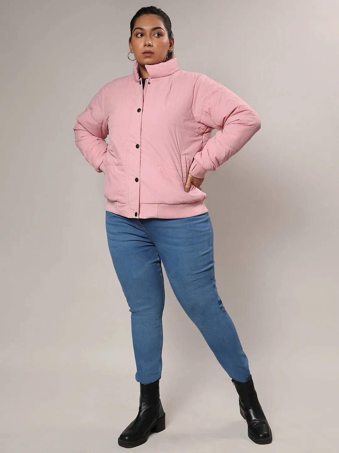 Blush Pink Puffer Jacket With Angled Open Pockets
