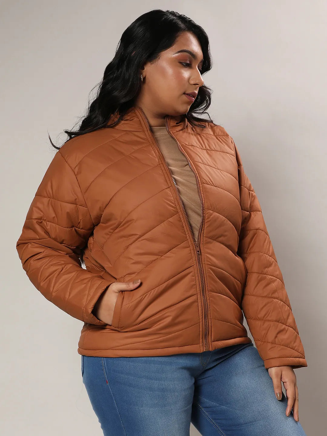 Tan Brown Quilted Puffer Jacket With Zip Closure
