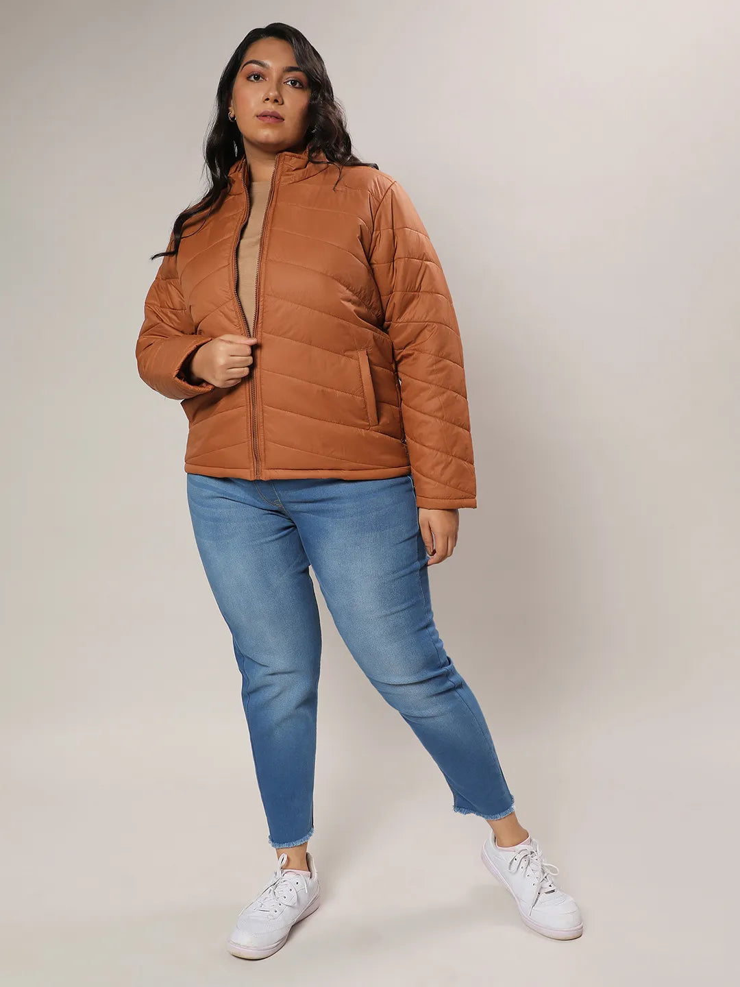 Tan Brown Quilted Puffer Jacket With Zip Closure