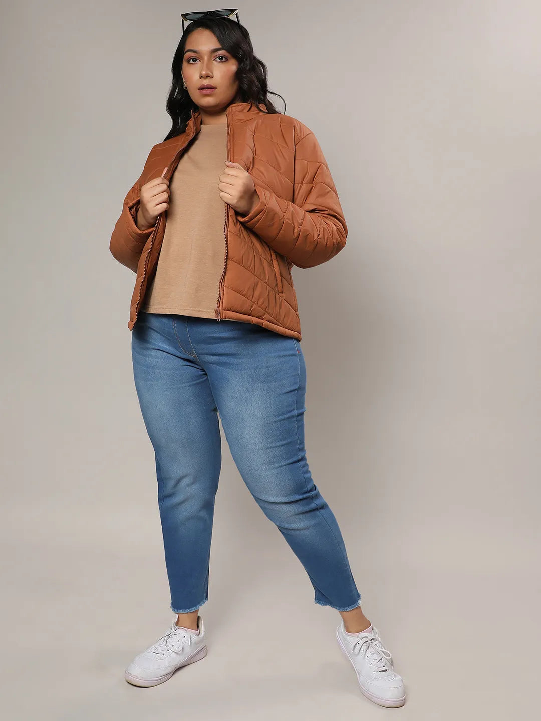 Tan Brown Quilted Puffer Jacket With Zip Closure