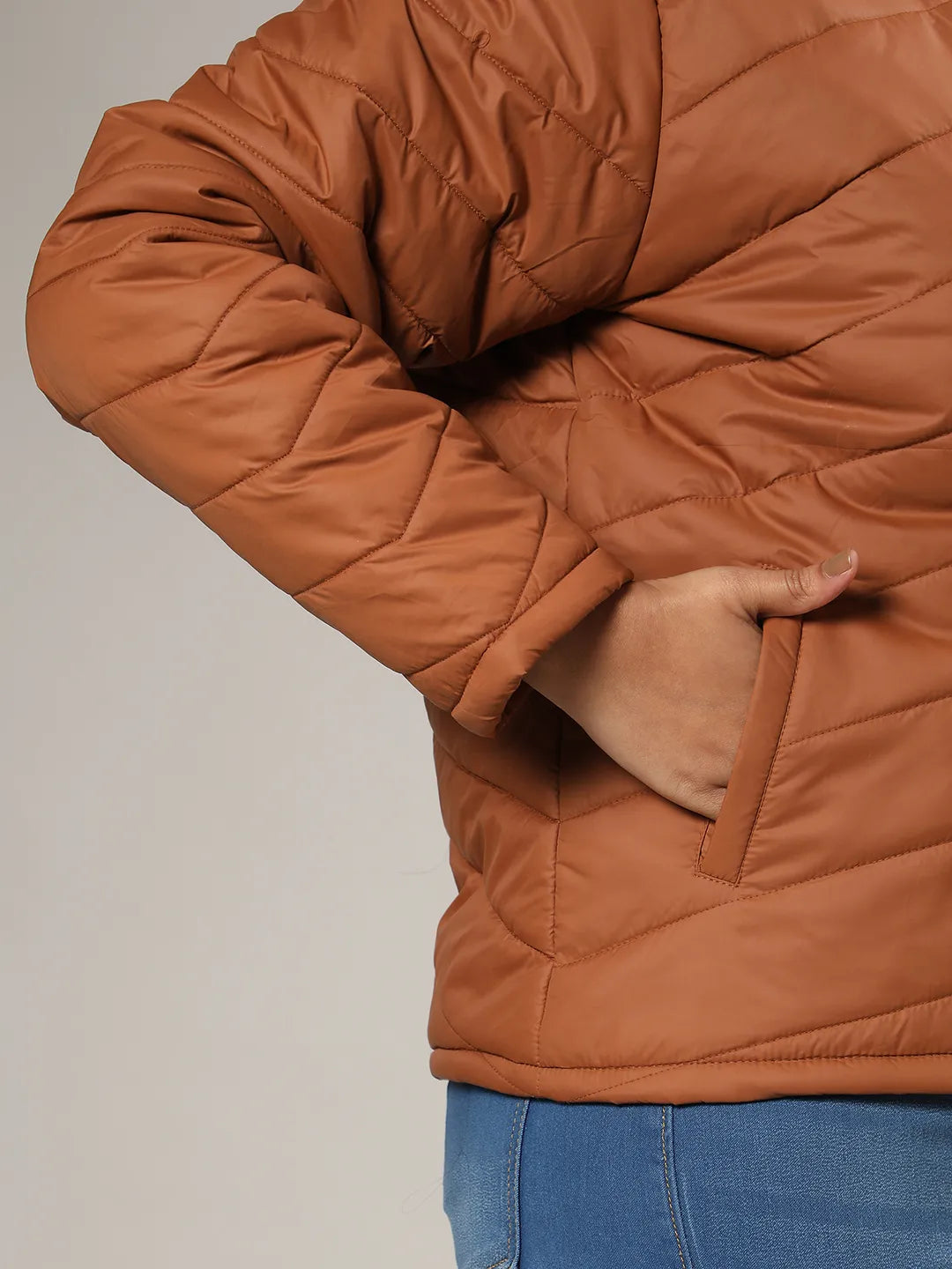 Women's Tan Brown Quilted Puffer Jacket With Zip Closure