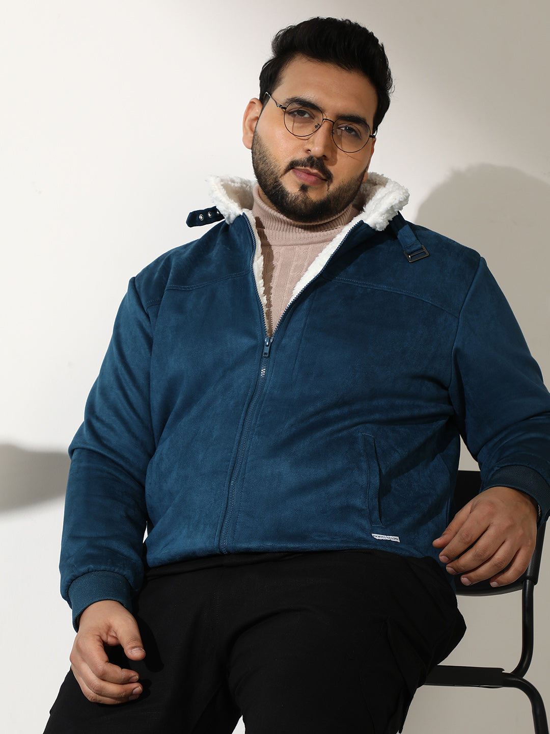 Contrast Sherpa-Lined Suede Bomber Jacket