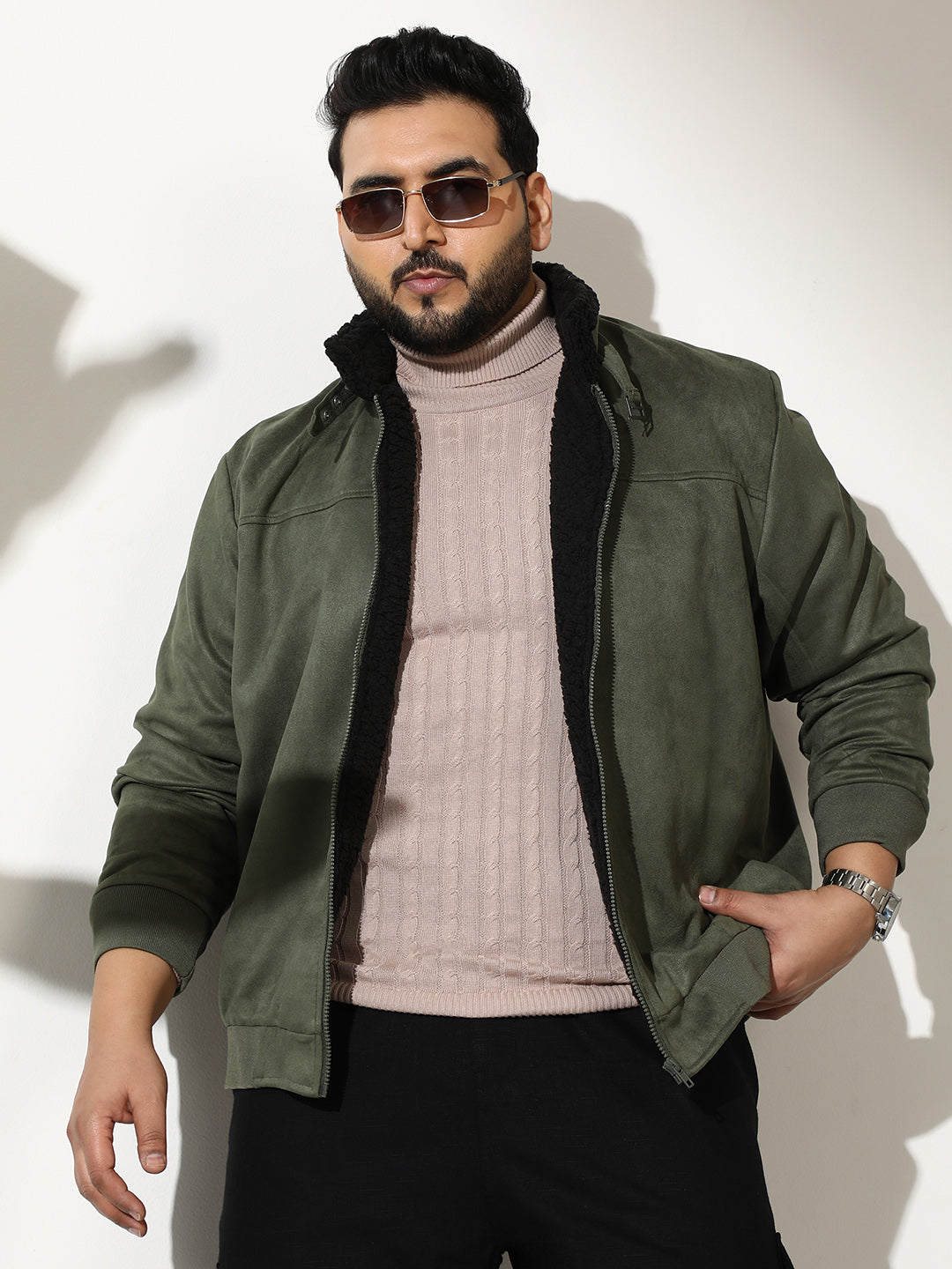 Contrast Sherpa-Lined Suede Bomber Jacket