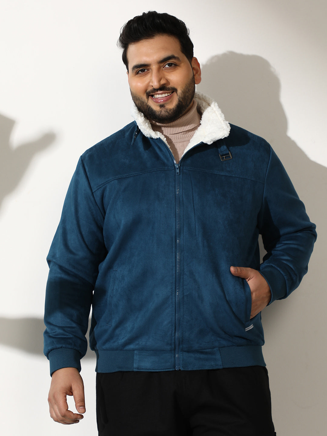 Contrast Sherpa-Lined Suede Bomber Jacket