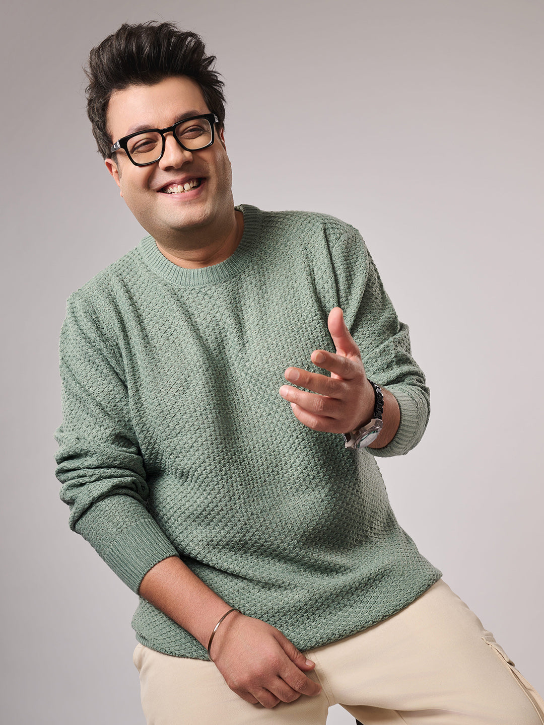 Plus Size Men Plus Size Olive Green Textured Knit Pullover Sweater