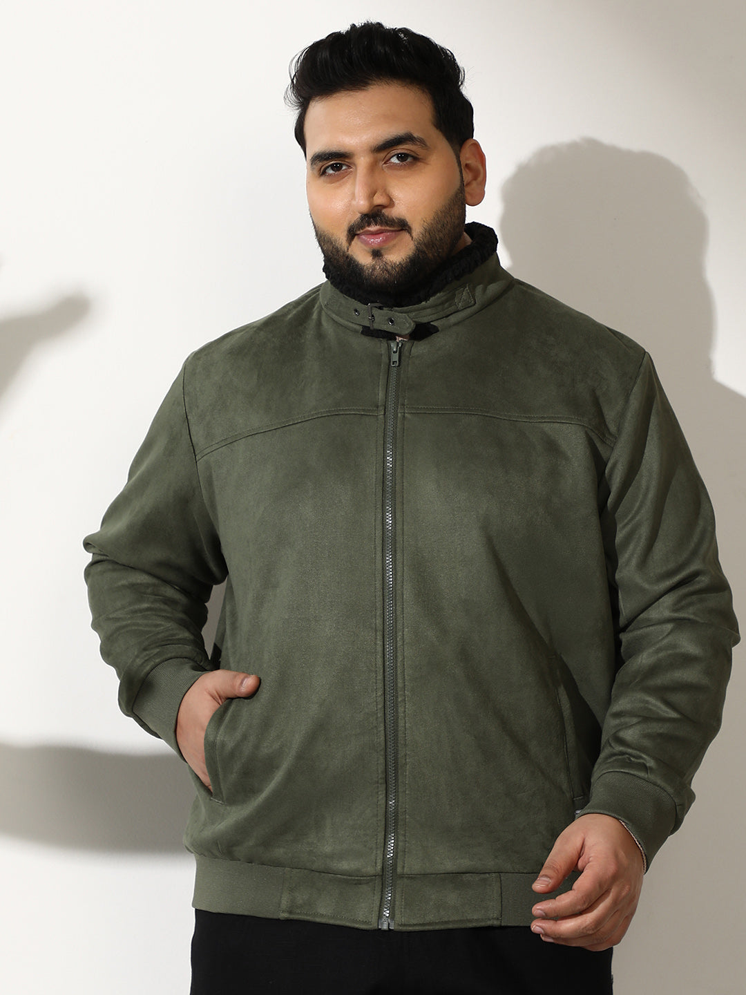 Contrast Sherpa-Lined Suede Bomber Jacket