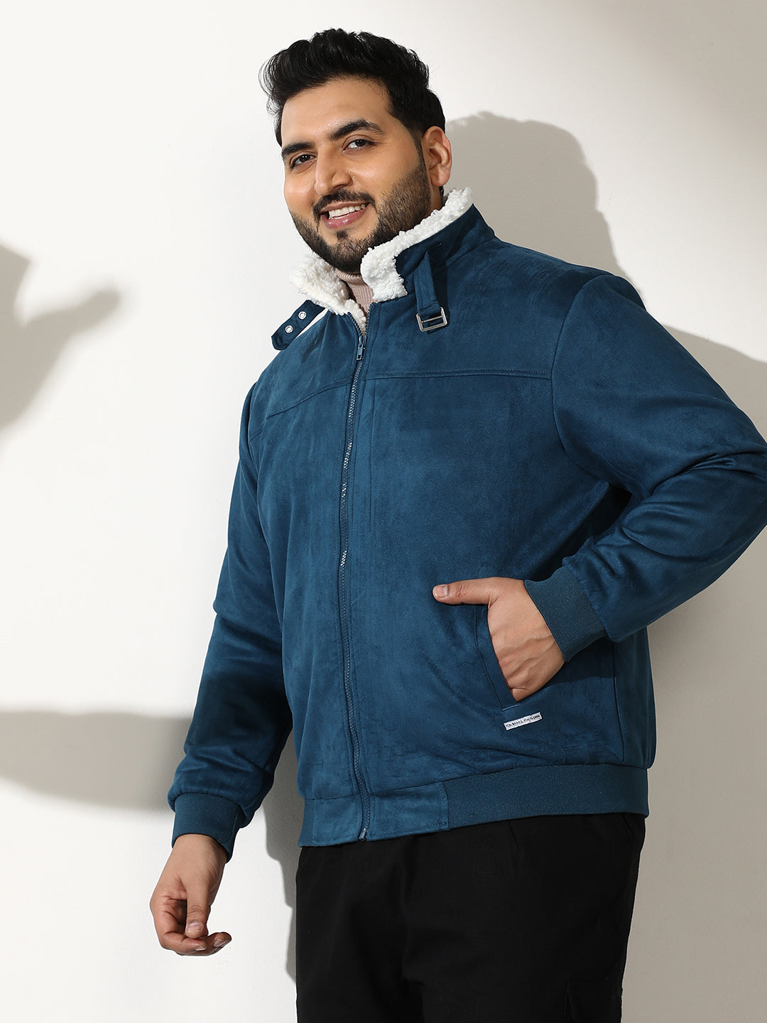 Contrast Sherpa-Lined Suede Bomber Jacket