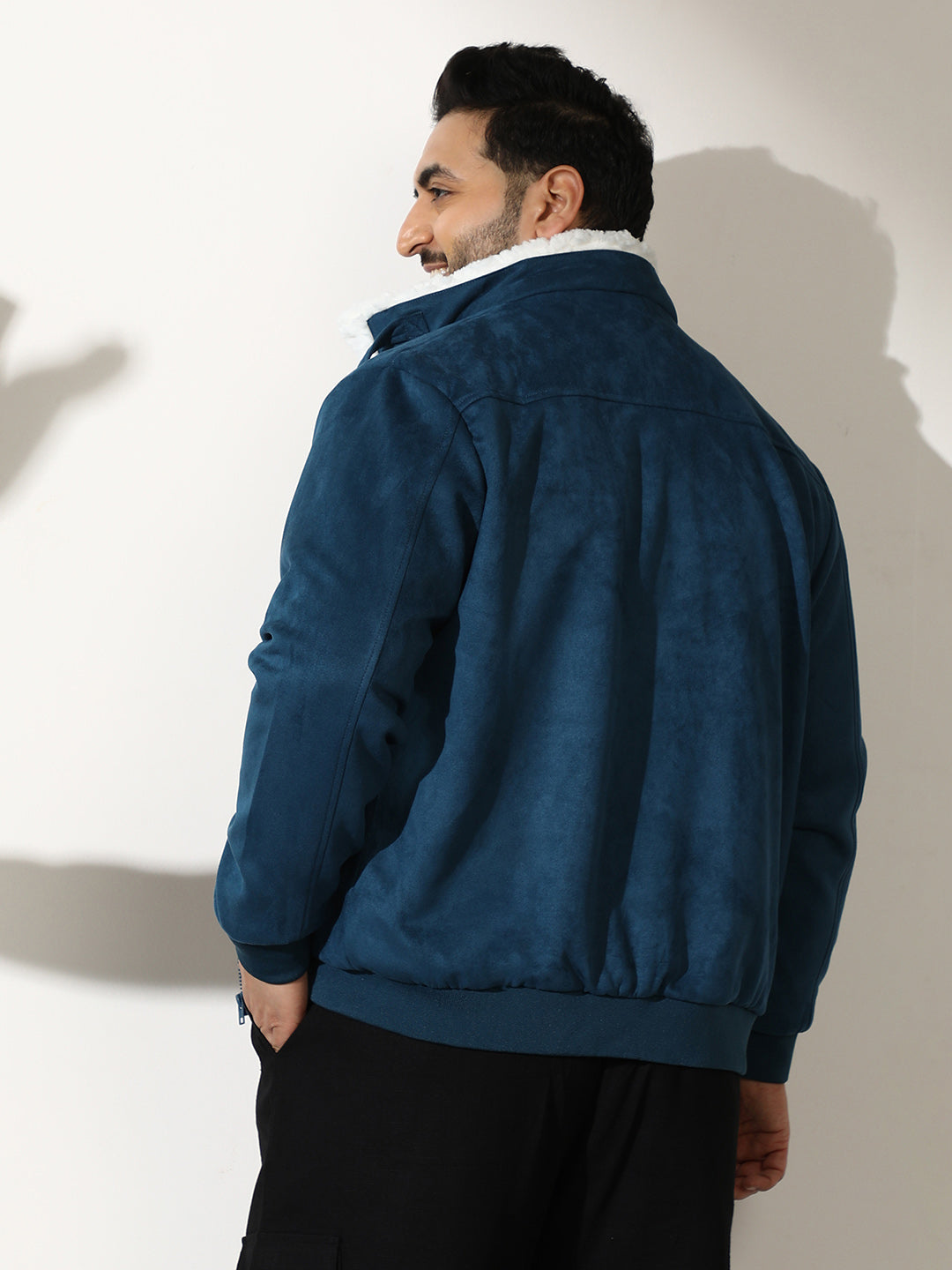 Contrast Sherpa-Lined Suede Bomber Jacket