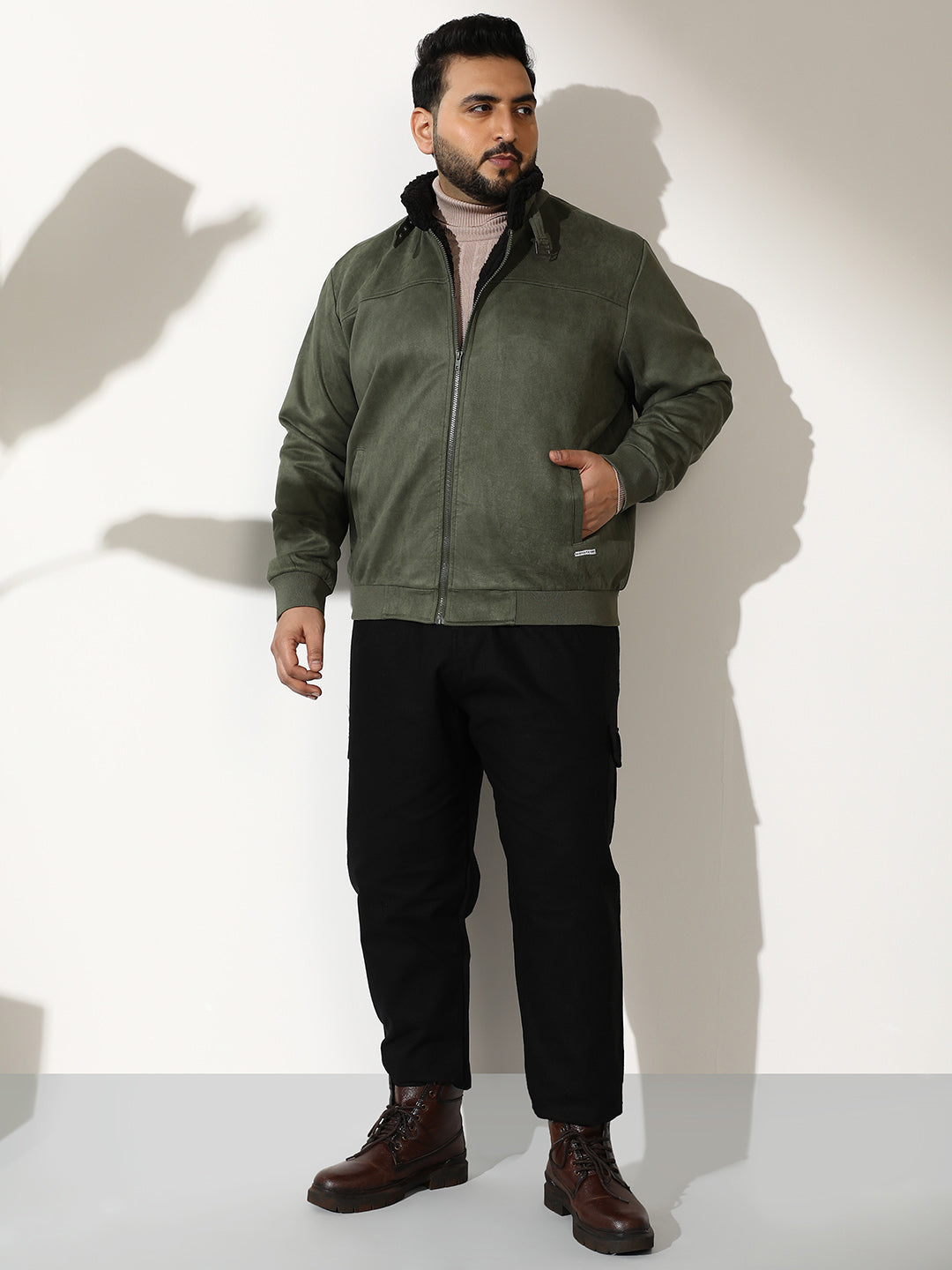 Contrast Sherpa-Lined Suede Bomber Jacket