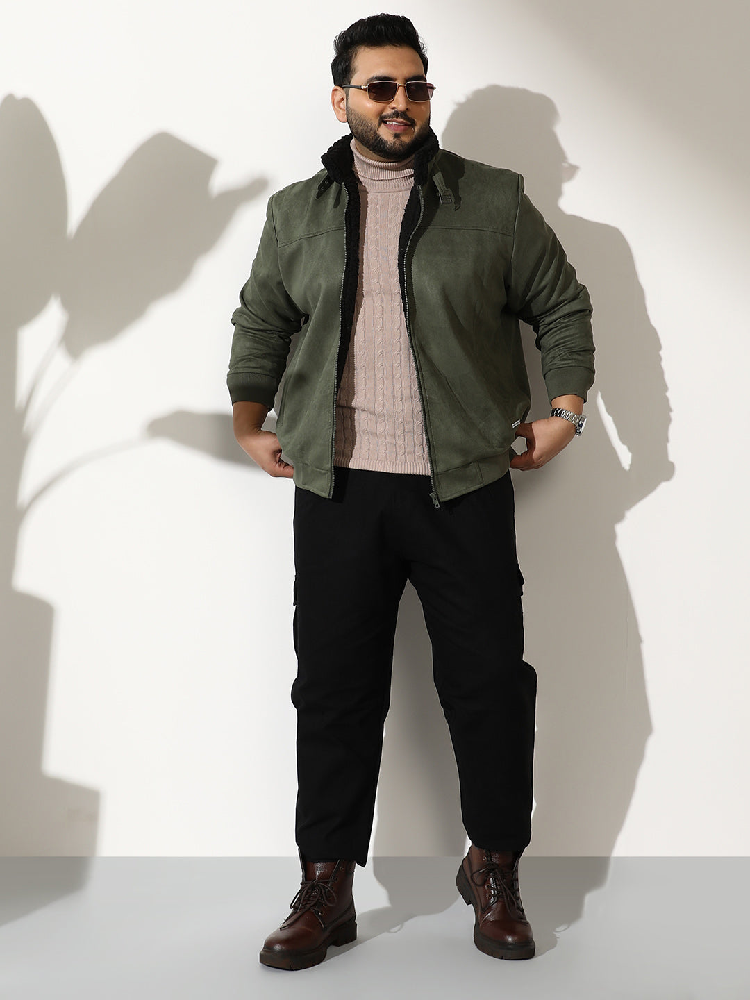 Contrast Sherpa-Lined Suede Bomber Jacket