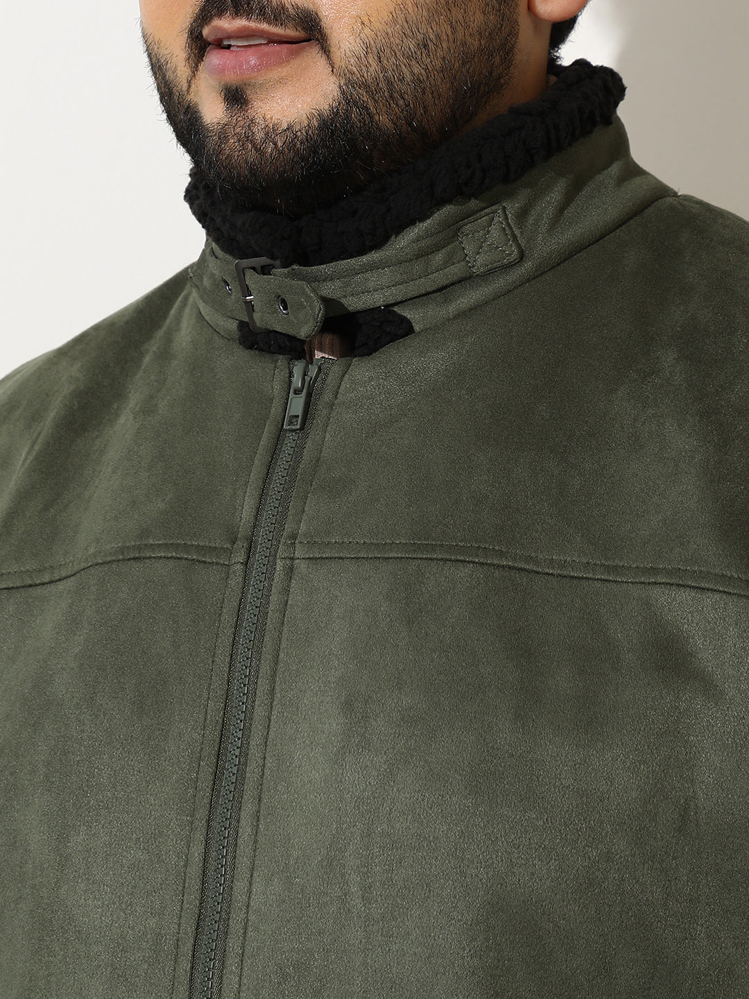 Contrast Sherpa-Lined Suede Bomber Jacket