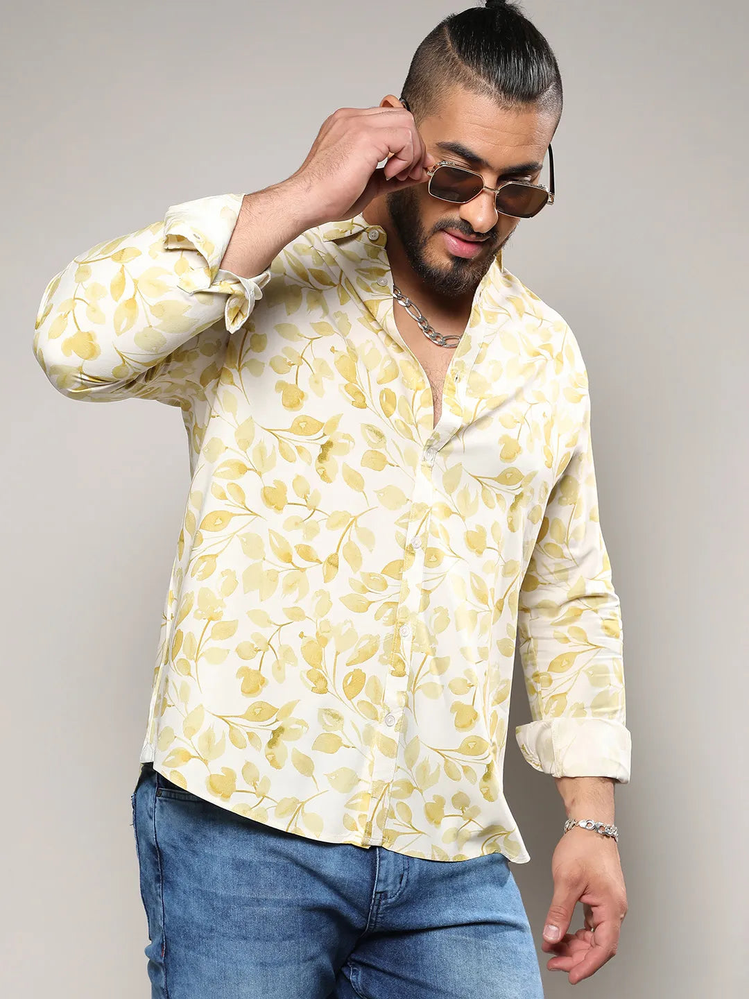 Artistic Foliage Print Button Up Shirt