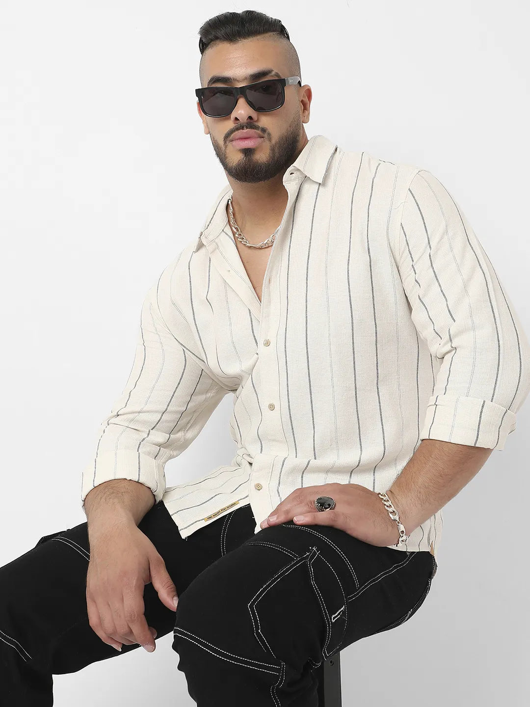 Beige Contrast Pinstriped Shirt