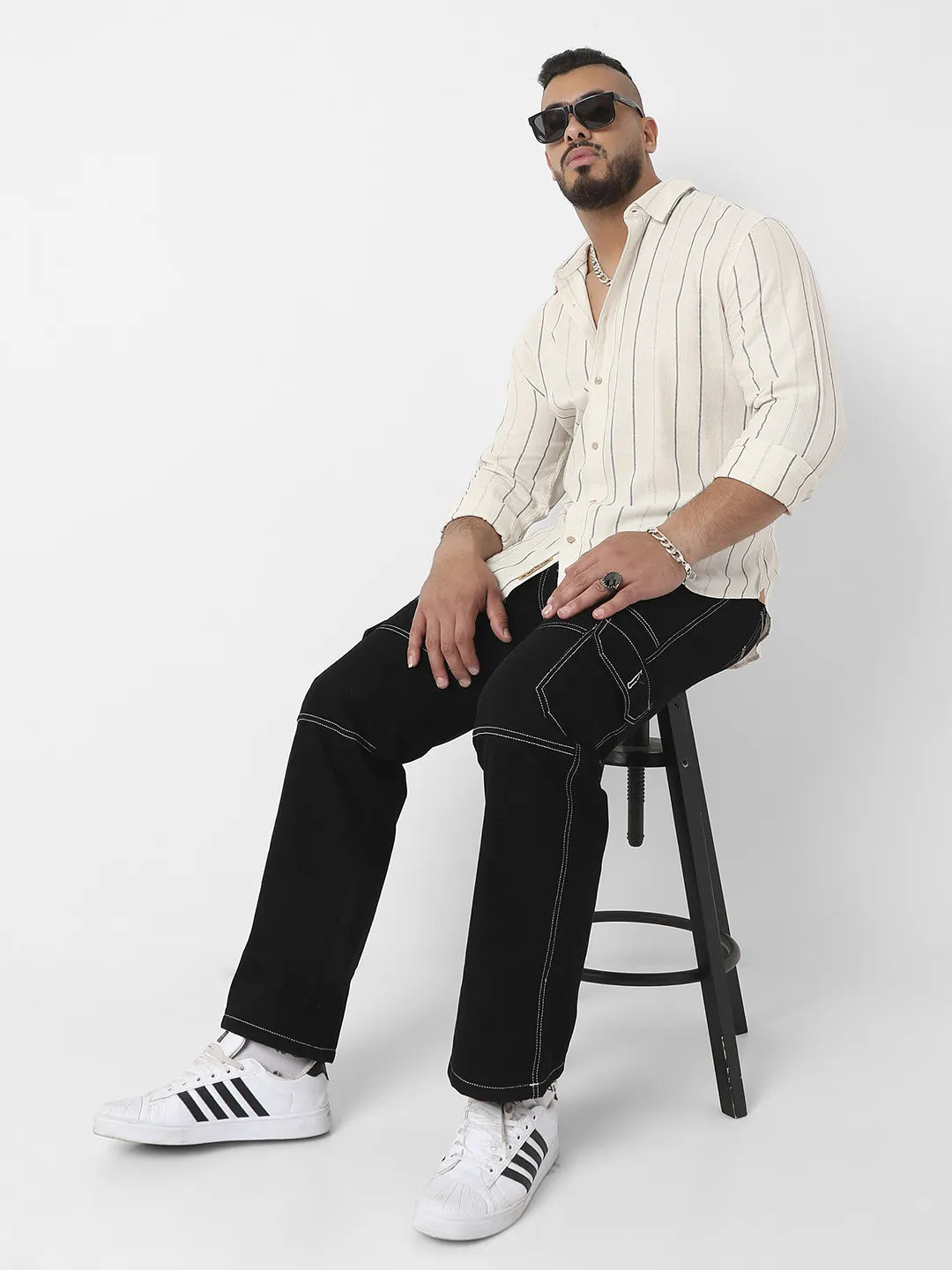 Beige Contrast Pinstriped Shirt